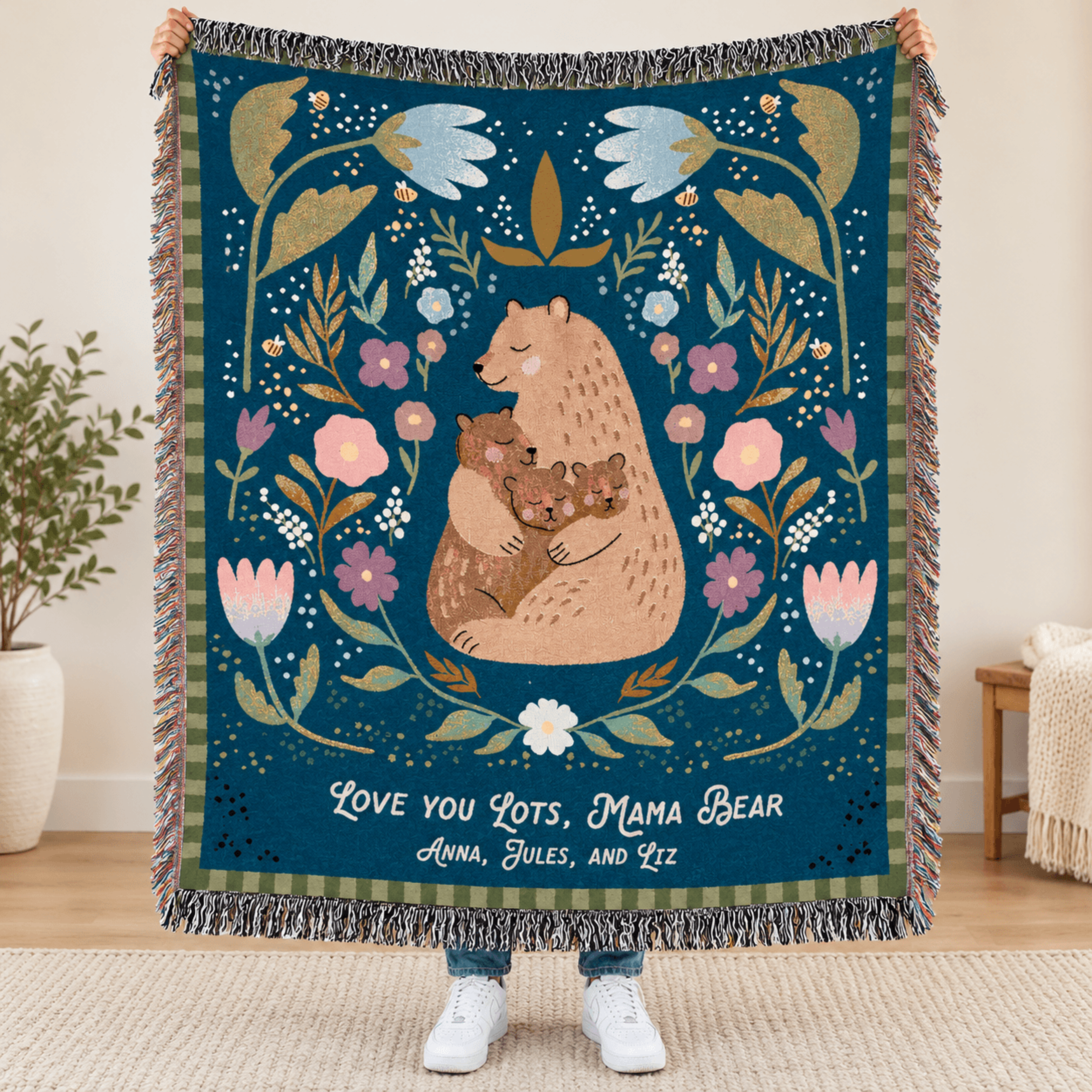 personalized mama bear woven blanket, custom kids names gift for mom, floral bear family throw, mother's day keepsake