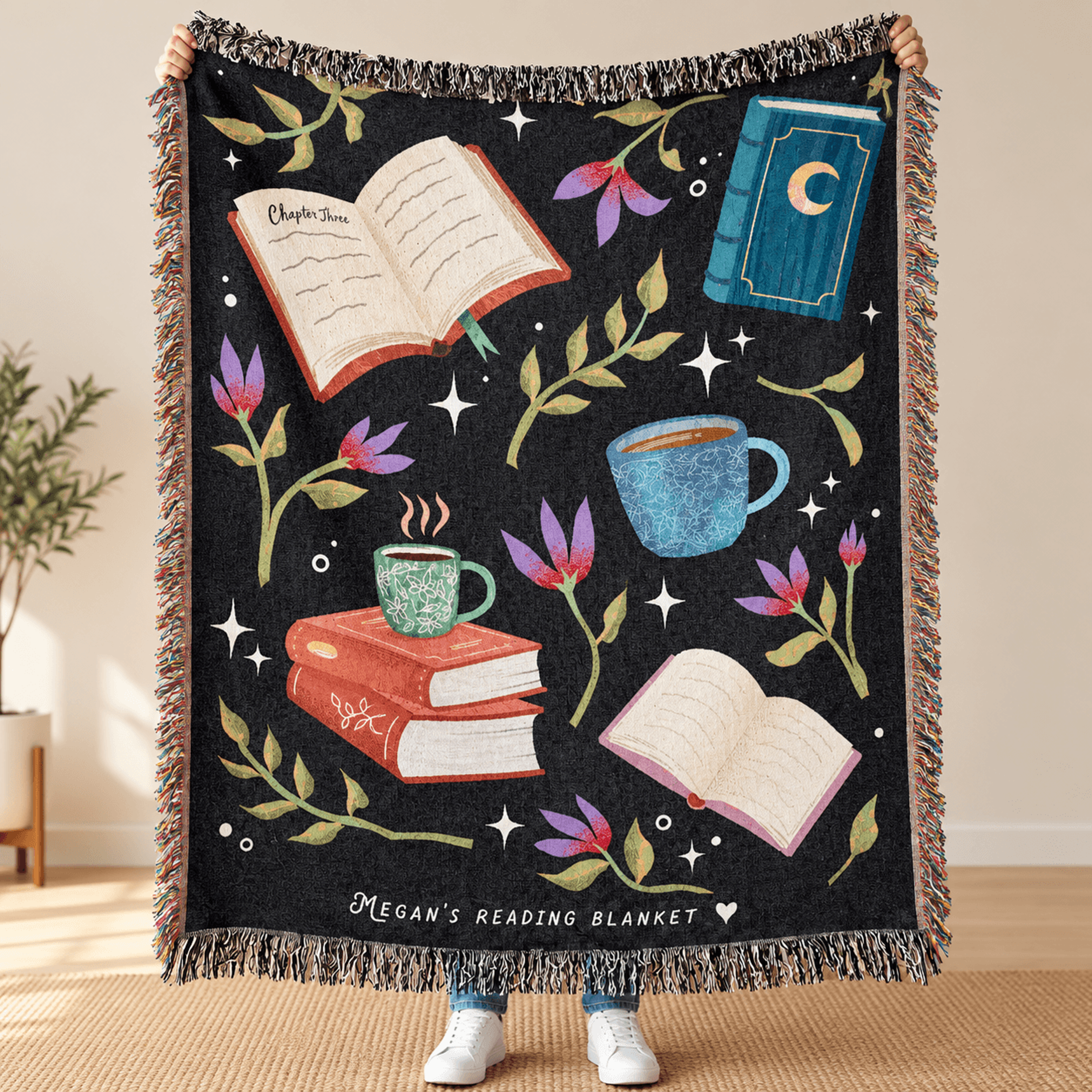 personalized reading woven blanket, custom name book lover throw, cozy bookish gift for readers, literary birthday gift