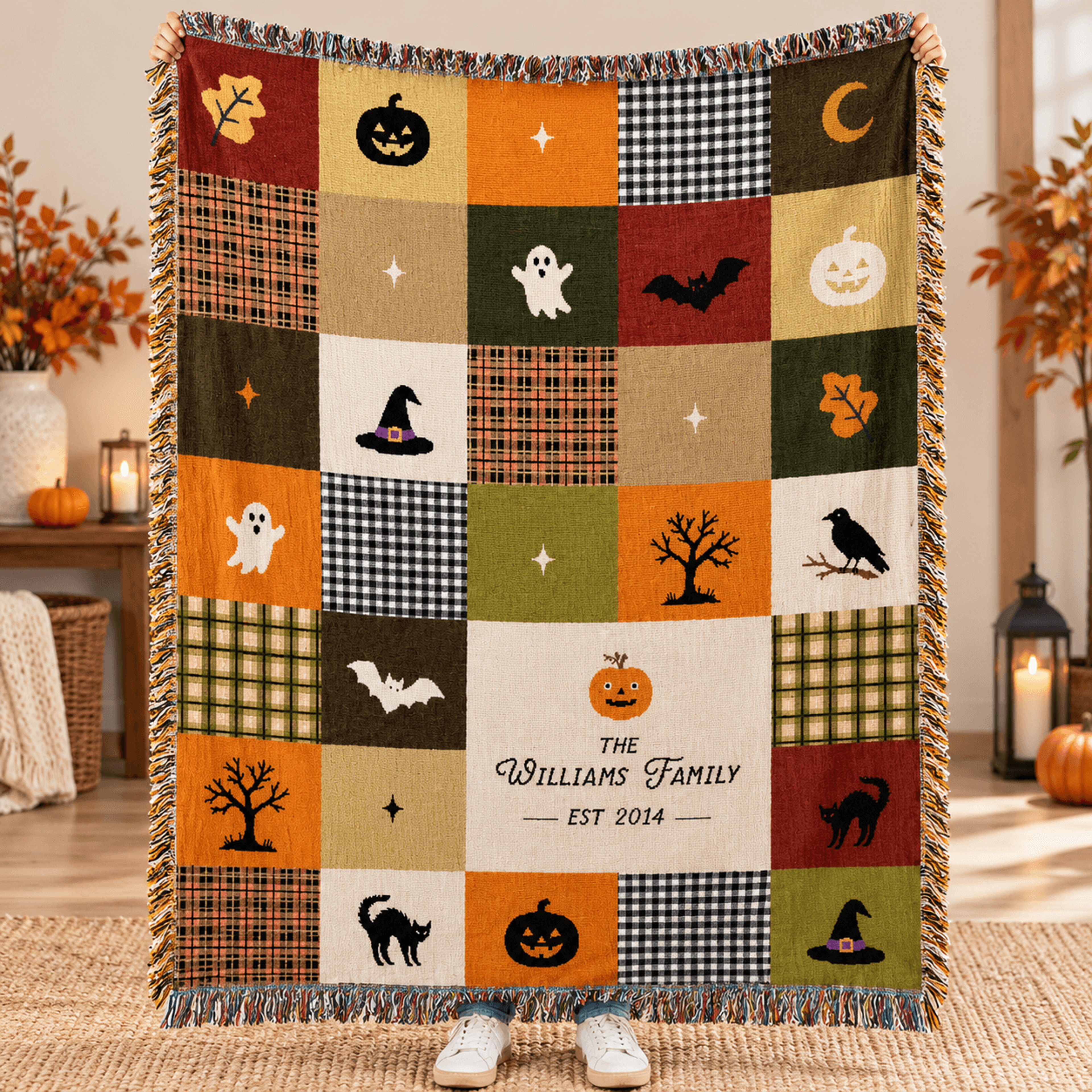 personalized halloween woven blanket, custom family name patchwork throw, spooky fall decor, vintage halloween family