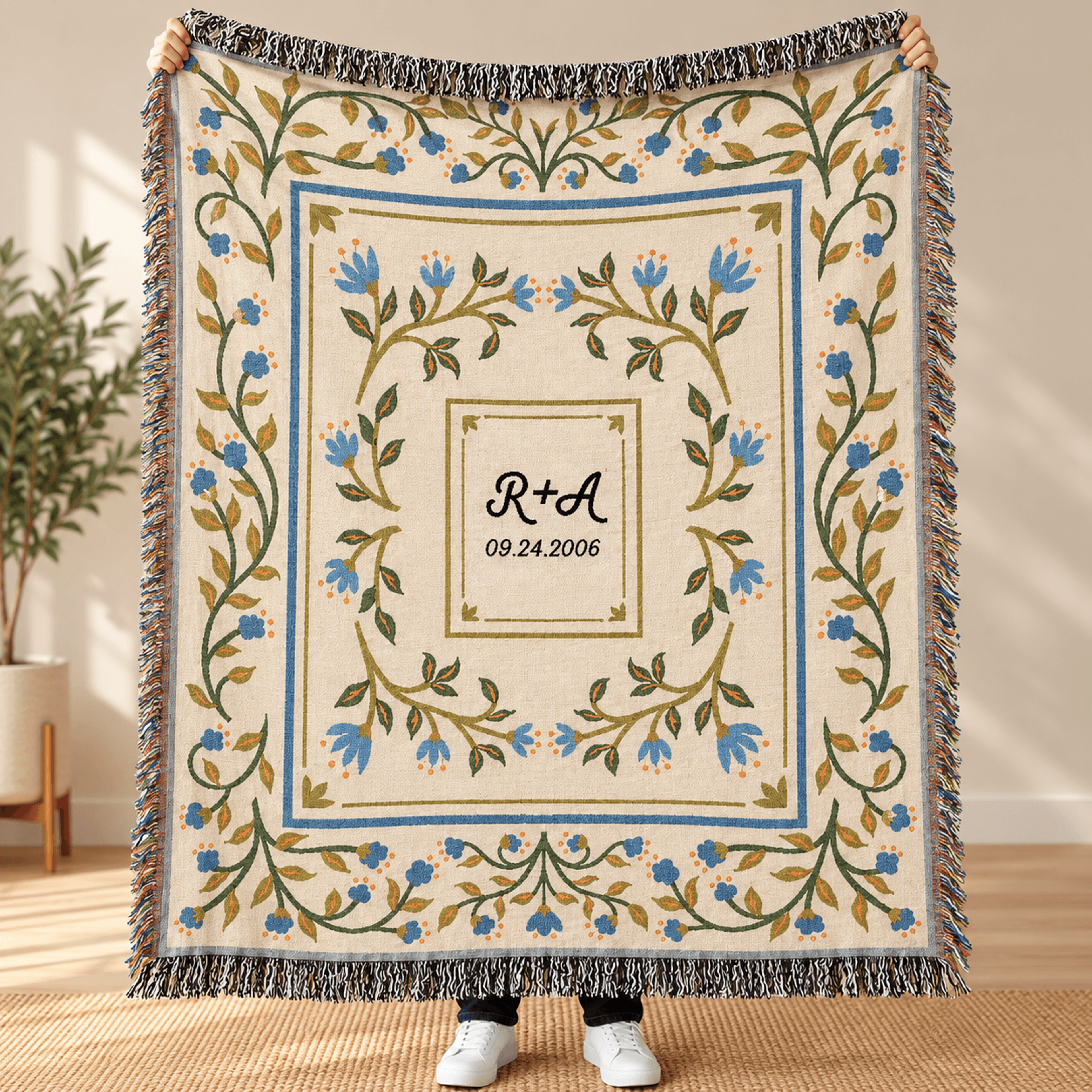 personalized floral woven blanket, custom couple initials and wedding date throw, vintage botanical anniversary gift