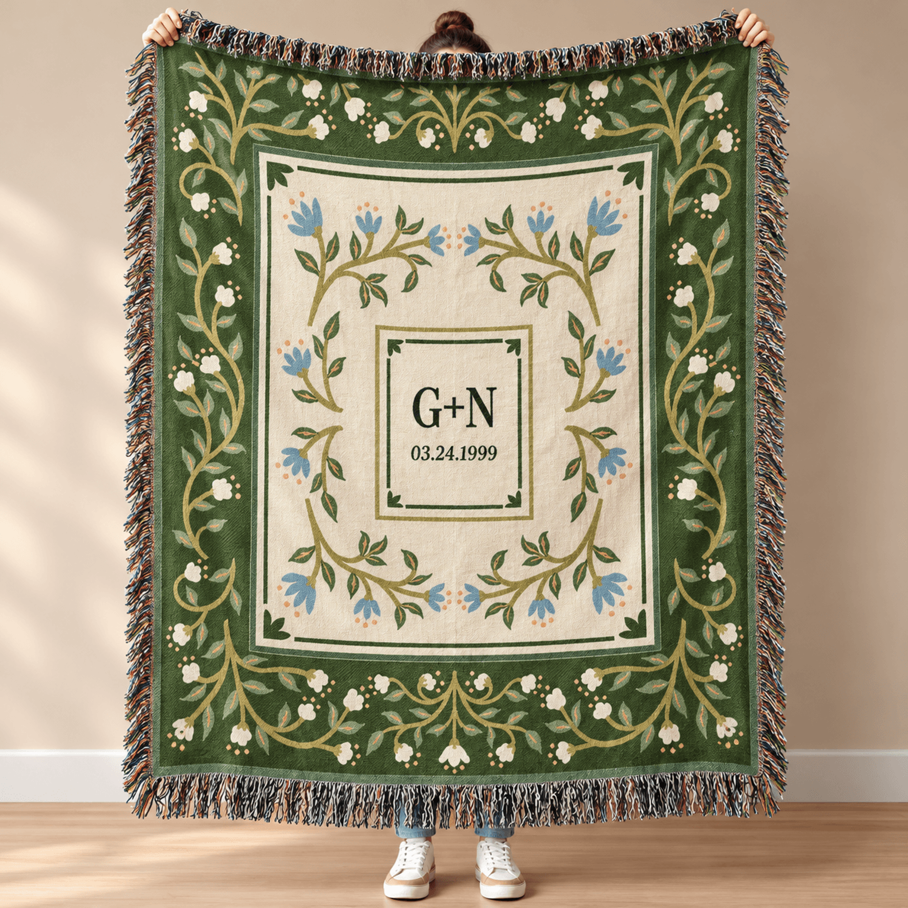 personalized floral woven blanket, custom couple initials date throw, vintage wildflower wedding gift, romantic