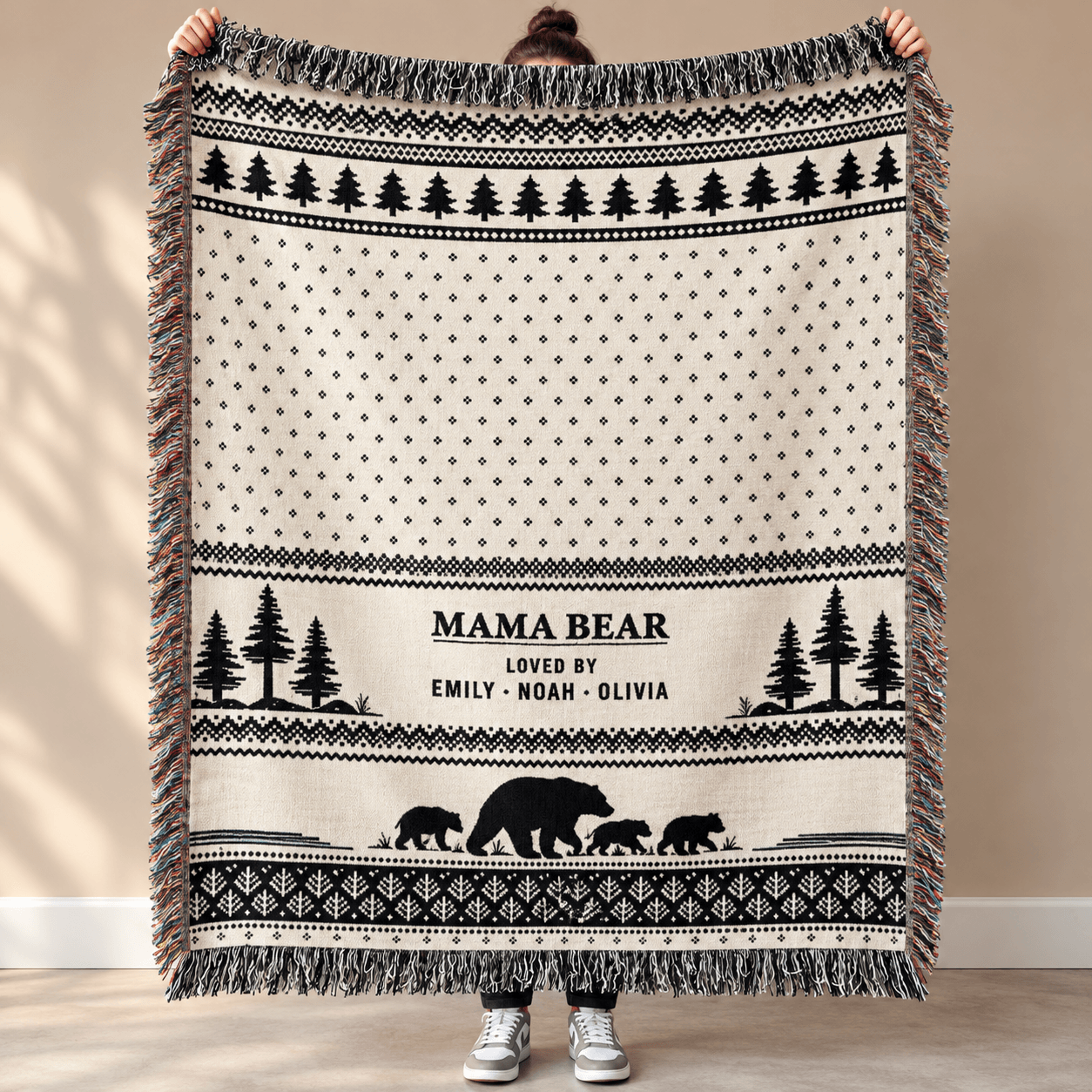personalized mama bear woven blanket, custom kids names bear family throw, rustic woodland mother's day gift for mom