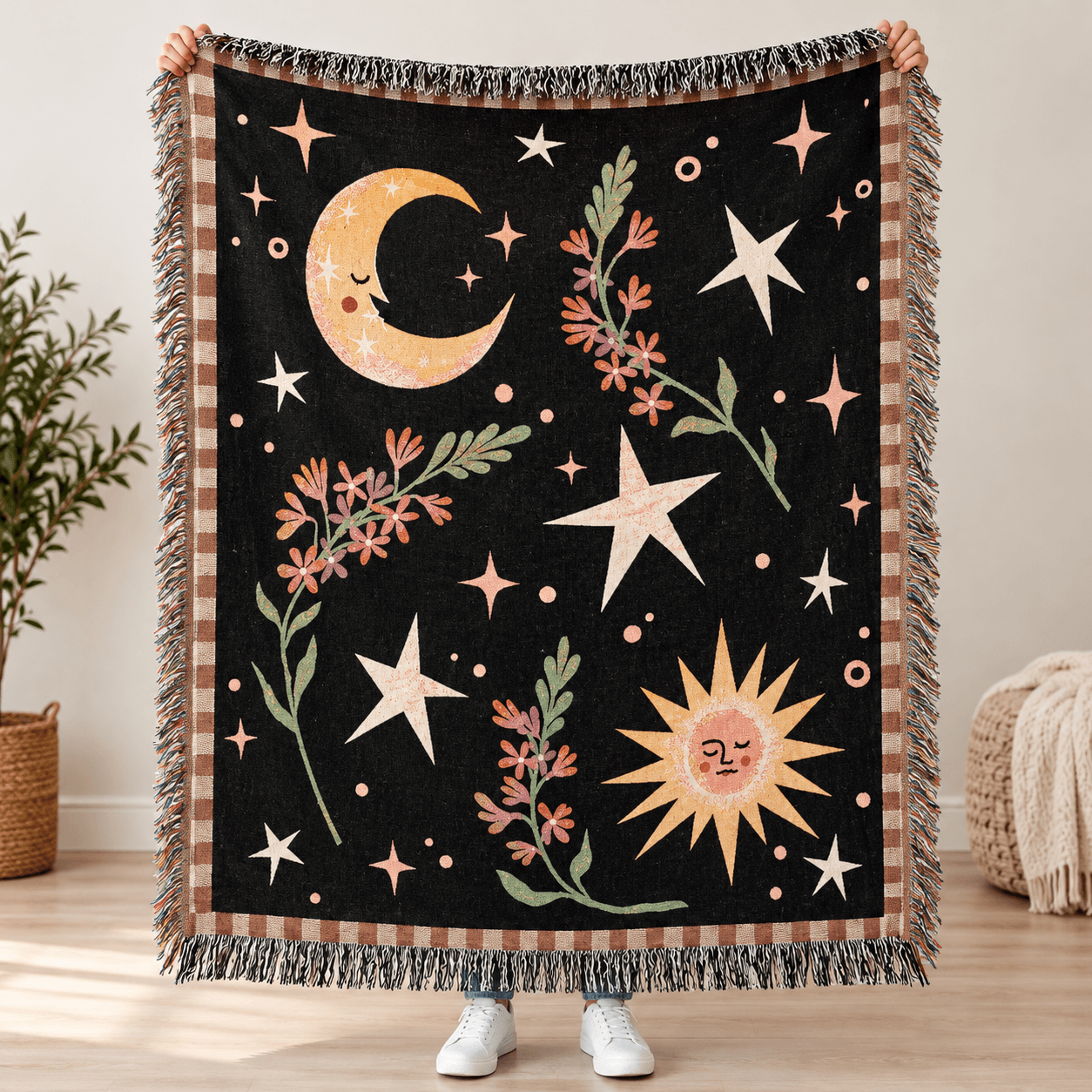 celestial sun moon and stars woven blanket, boho floral throw blanket, vintage cosmic home decor, mystical gift for her