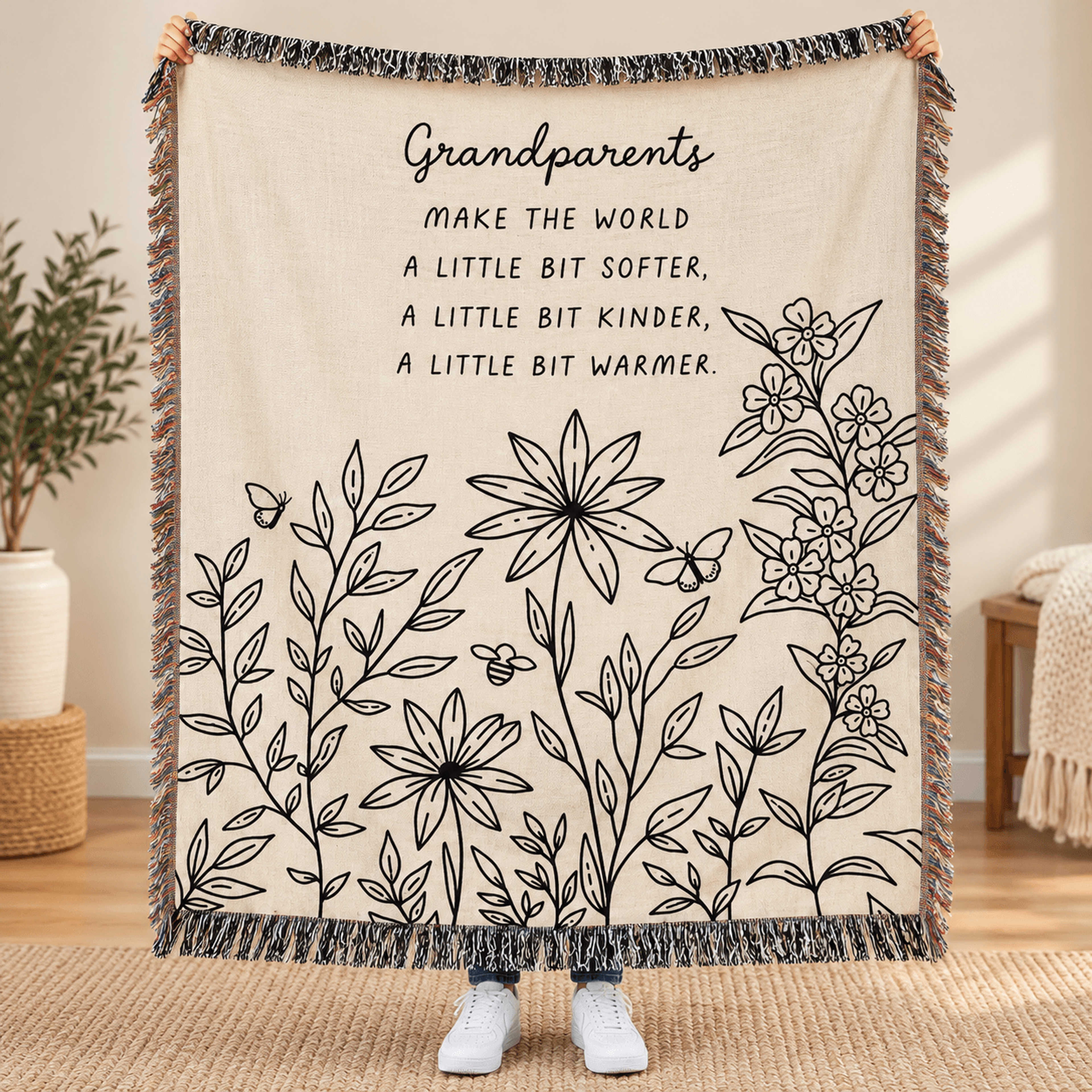 grandparents woven blanket, heartfelt grandparent quote throw, floral gift for grandma and grandpa, grandparents day