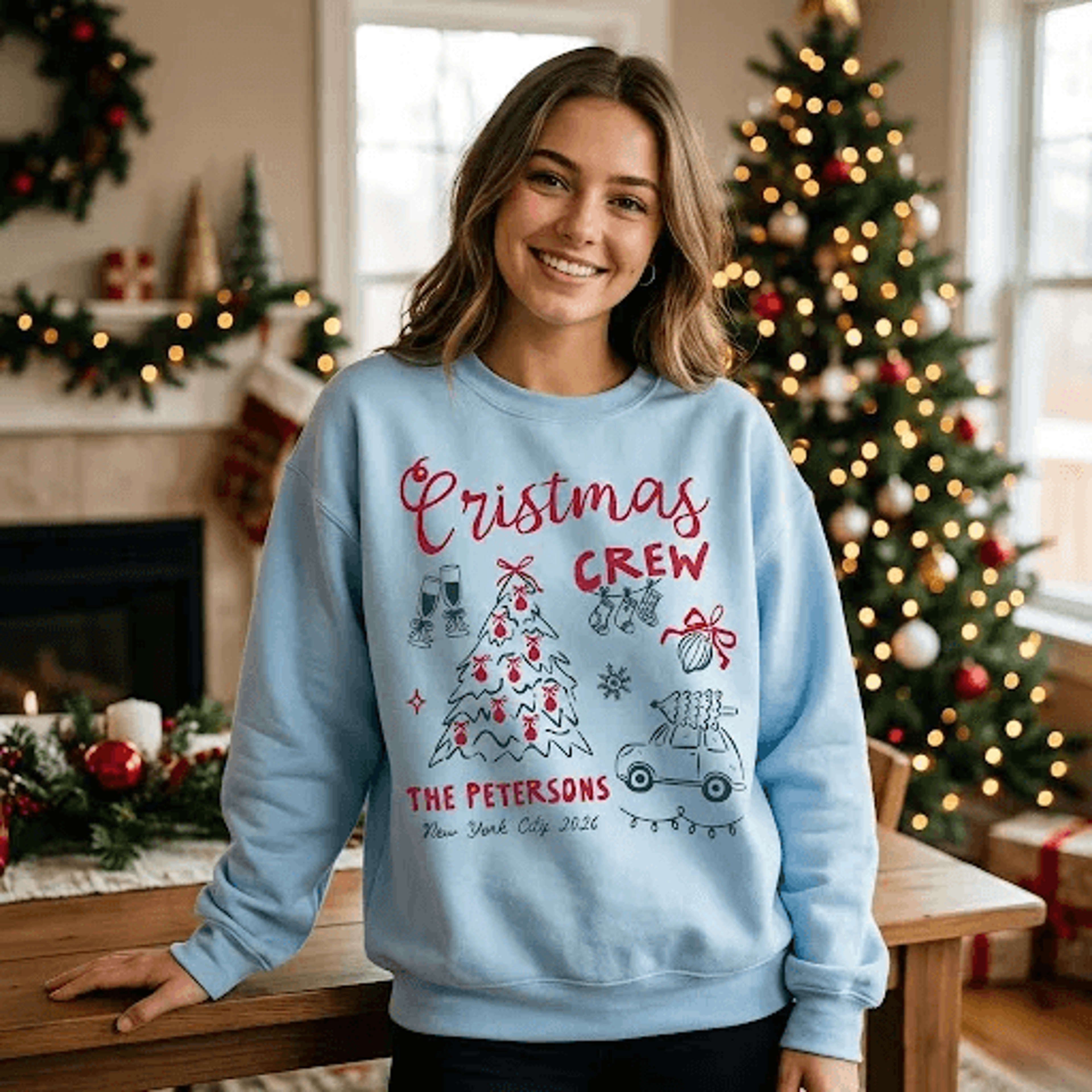 Personalized Christmas Crew Sweatshirt Custom Family Name Christmas Tree Sweatshirt Retro Holiday F 2