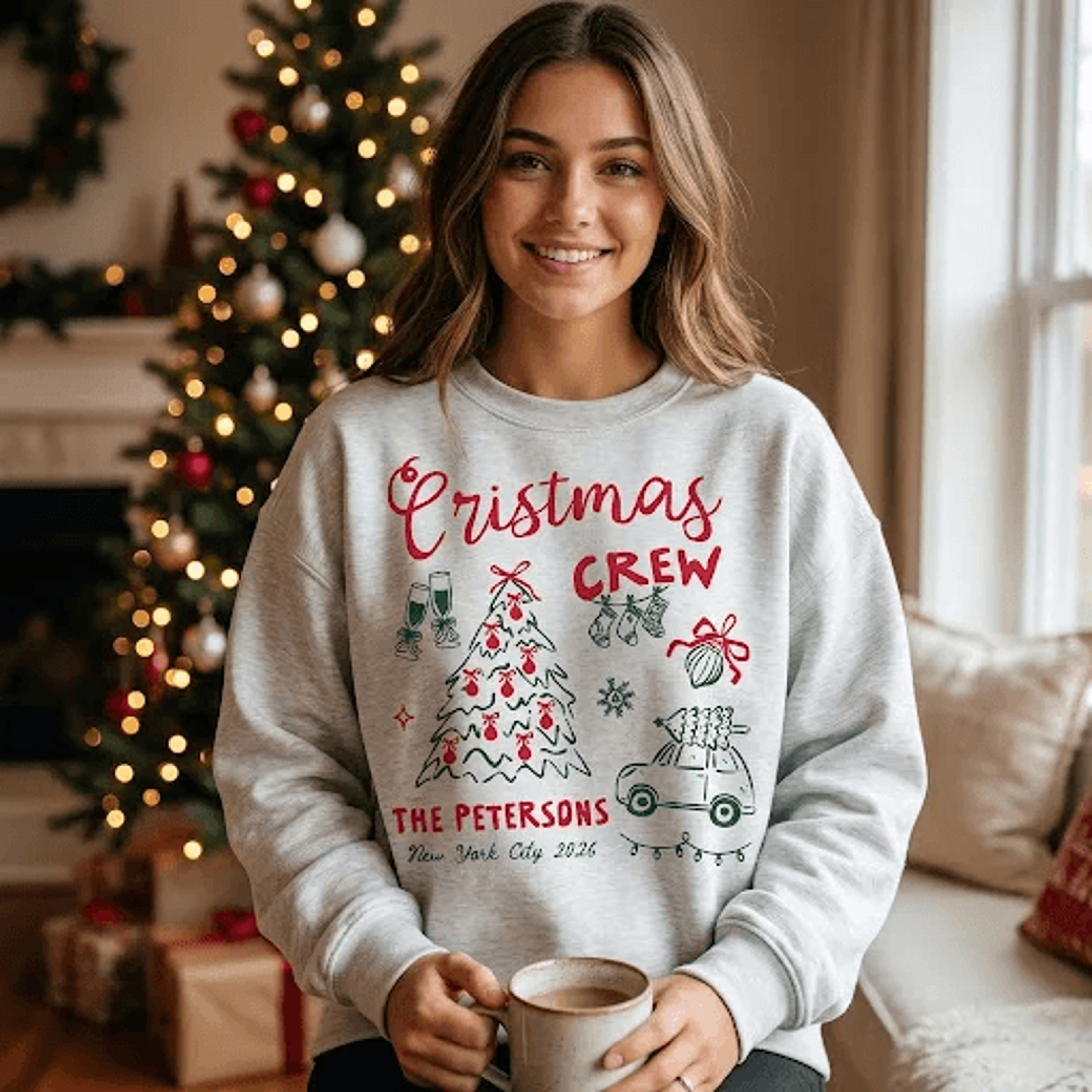 personalized christmas crew sweatshirt, custom family name christmas tree sweatshirt, retro holiday family matching gift