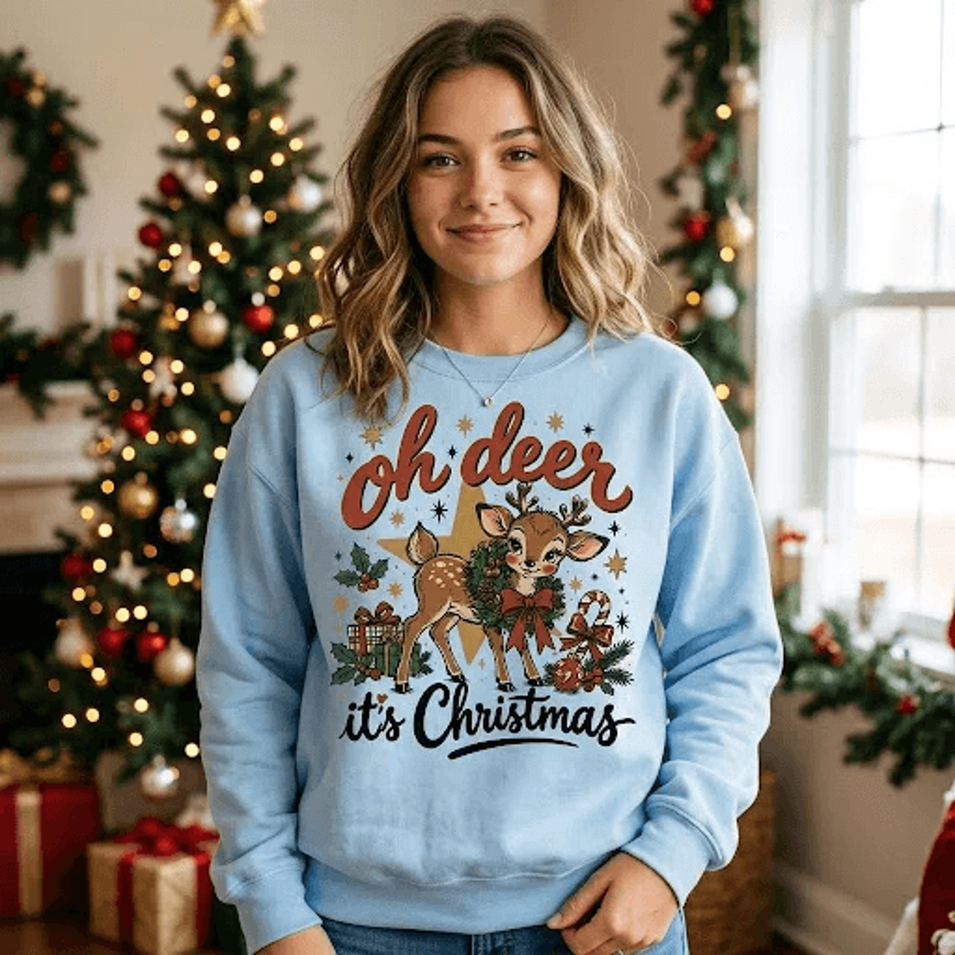 oh deer it's christmas sweatshirt, cute reindeer holiday sweatshirt, retro christmas deer graphic, unisex festive gift