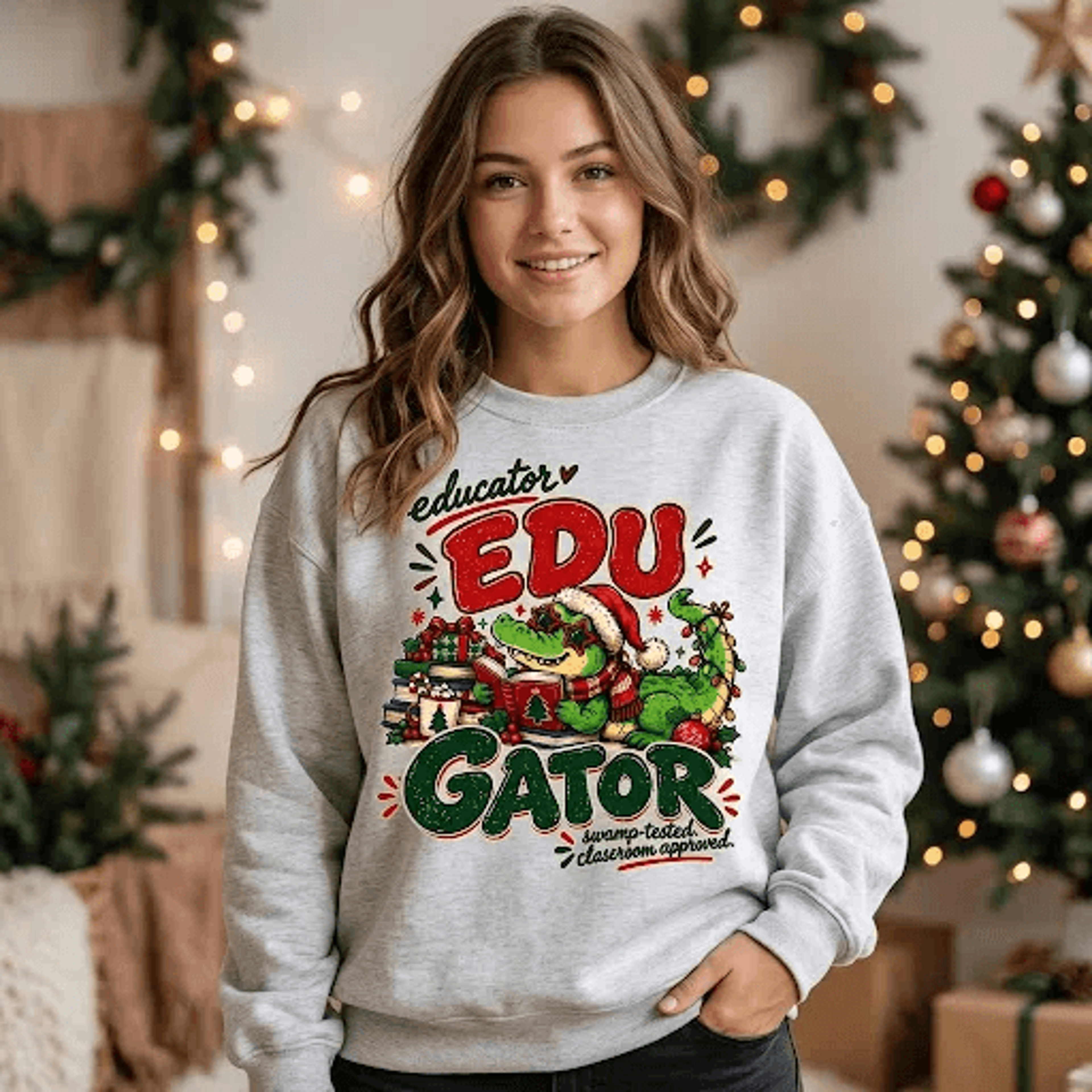 Educator Edu Gator Christmas Sweatshirt Funny Teacher Holiday Graphic Festive Alligator Design Unis 1