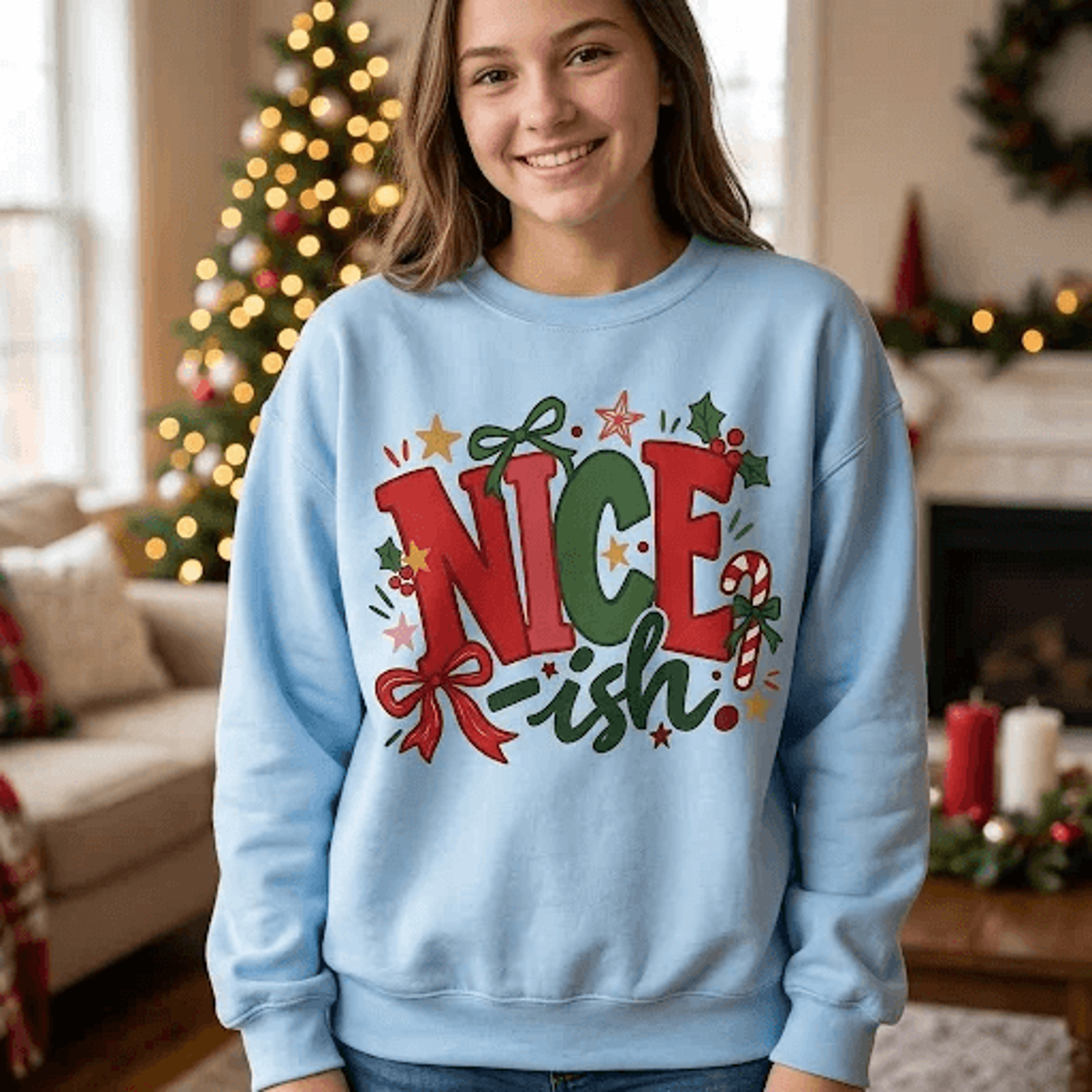 Niceish Christmas Sweatshirt Funny Naughty Or Nice Holiday Graphic Cute Festive Bow Design Unisex C 2