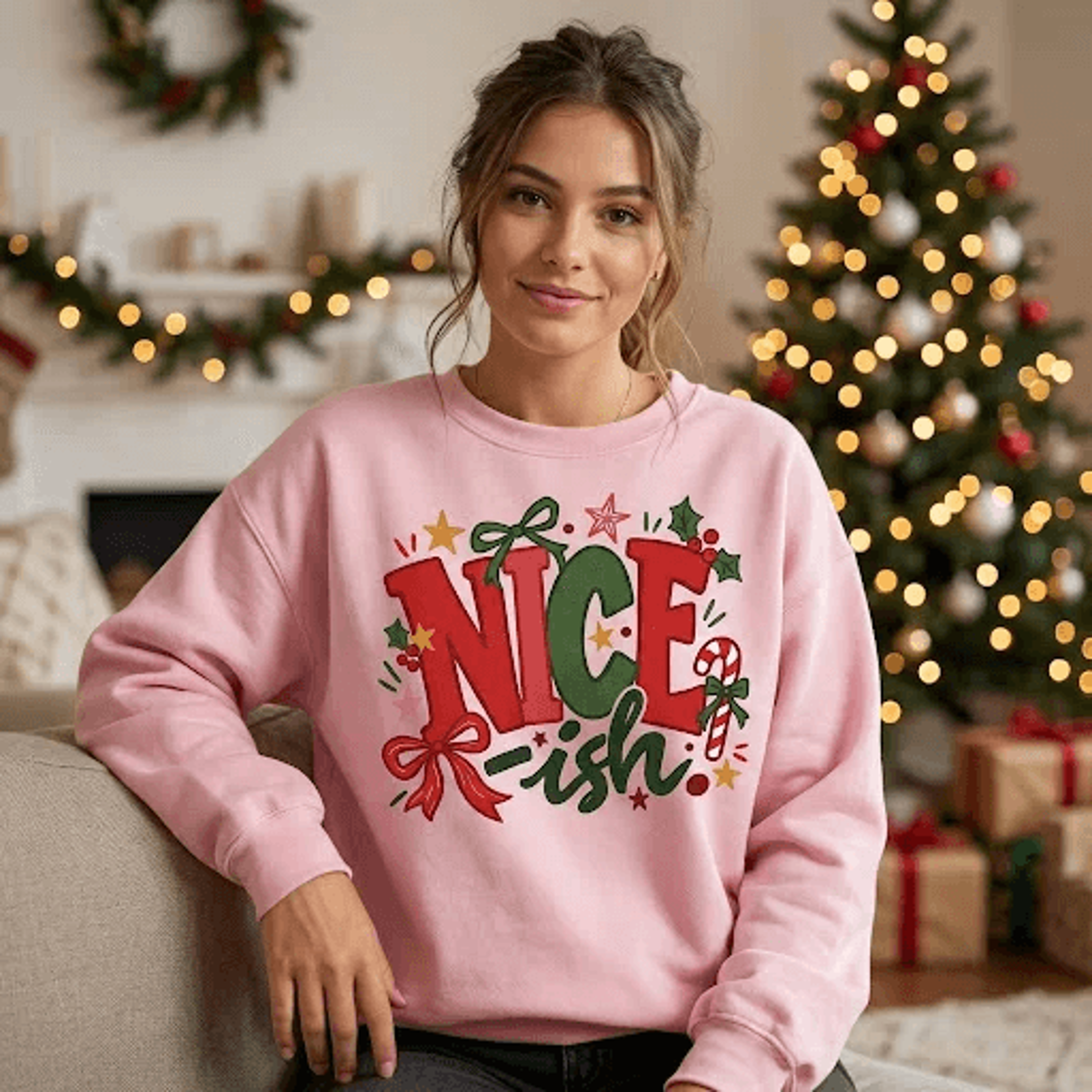 nice-ish christmas sweatshirt, funny naughty or nice holiday graphic, cute festive bow design, unisex christmas gift