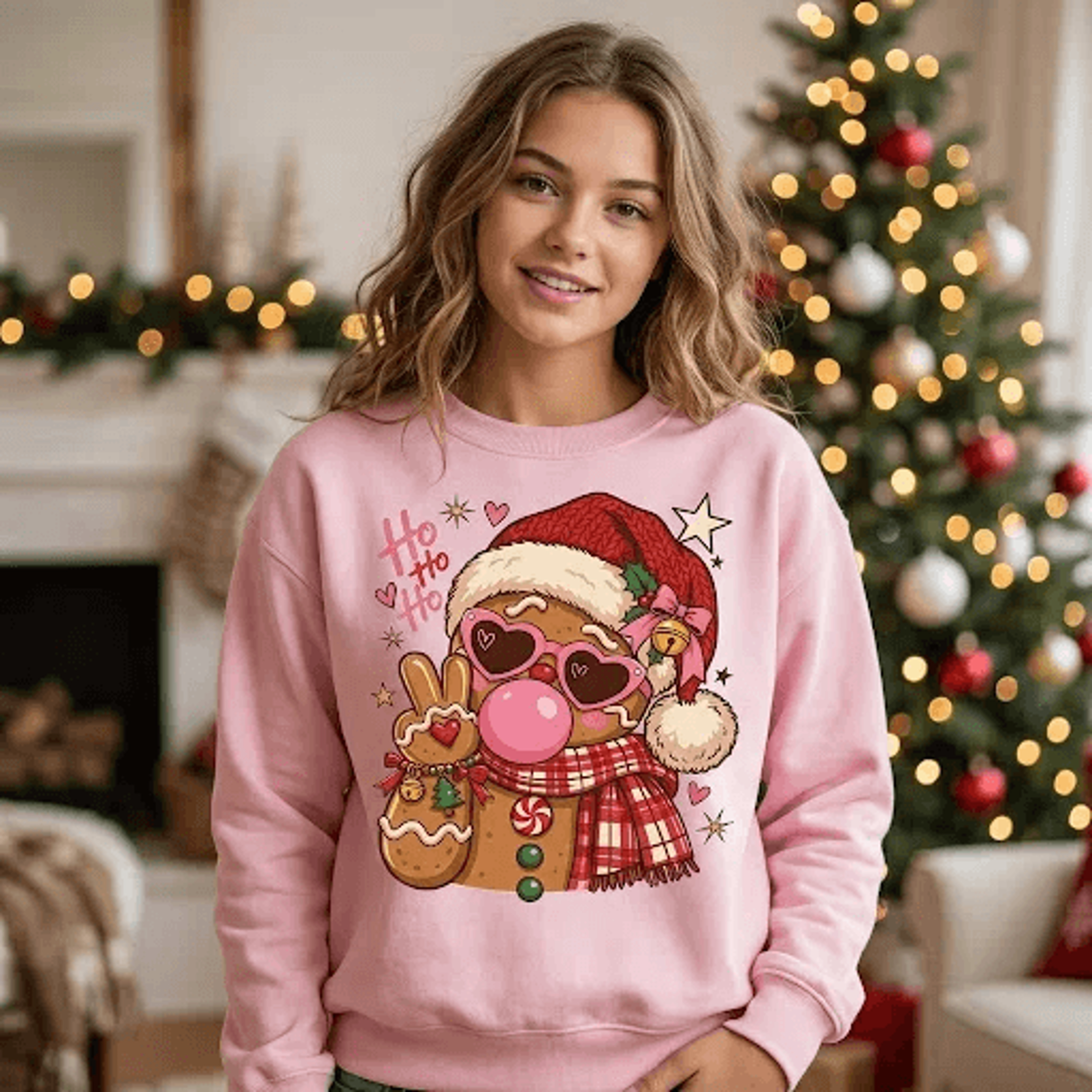 cute gingerbread christmas sweatshirt, funny ho ho ho holiday cookie graphic, pink bubblegum gingerbread, unisex festive