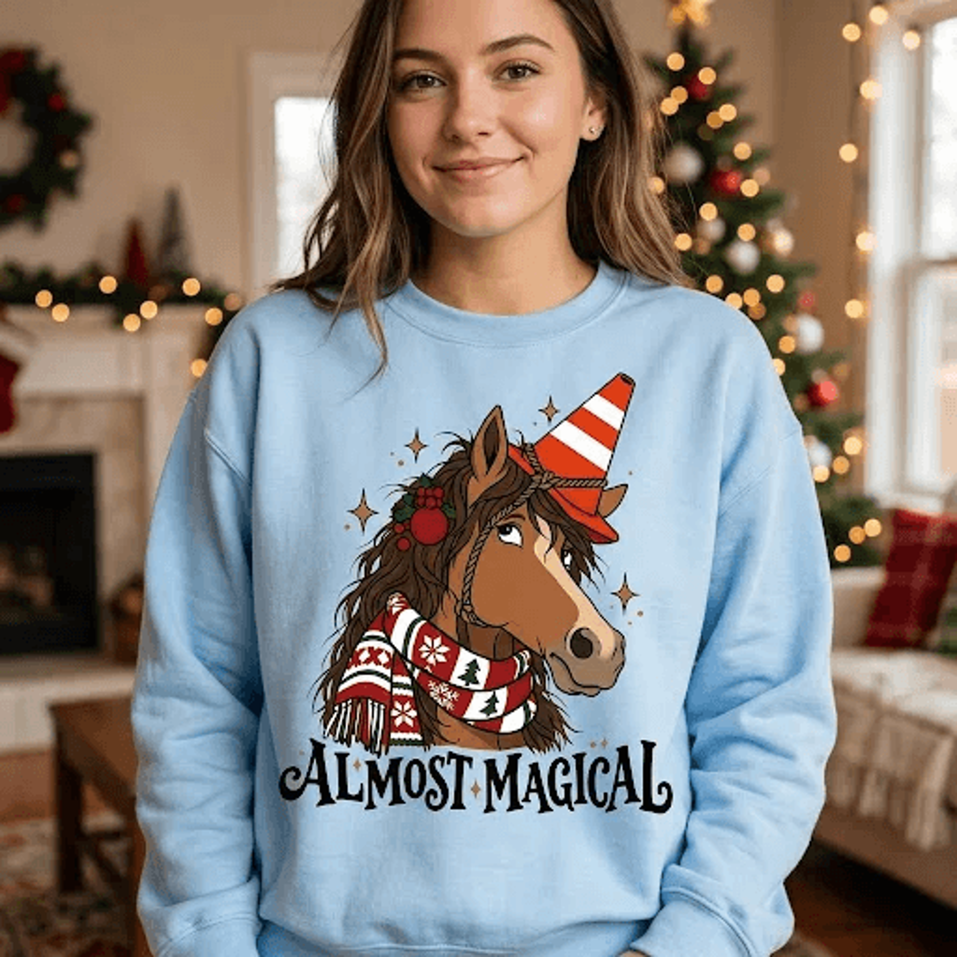 almost magical christmas sweatshirt, cute festive horse graphic, whimsical holiday horse lover gift, unisex adult