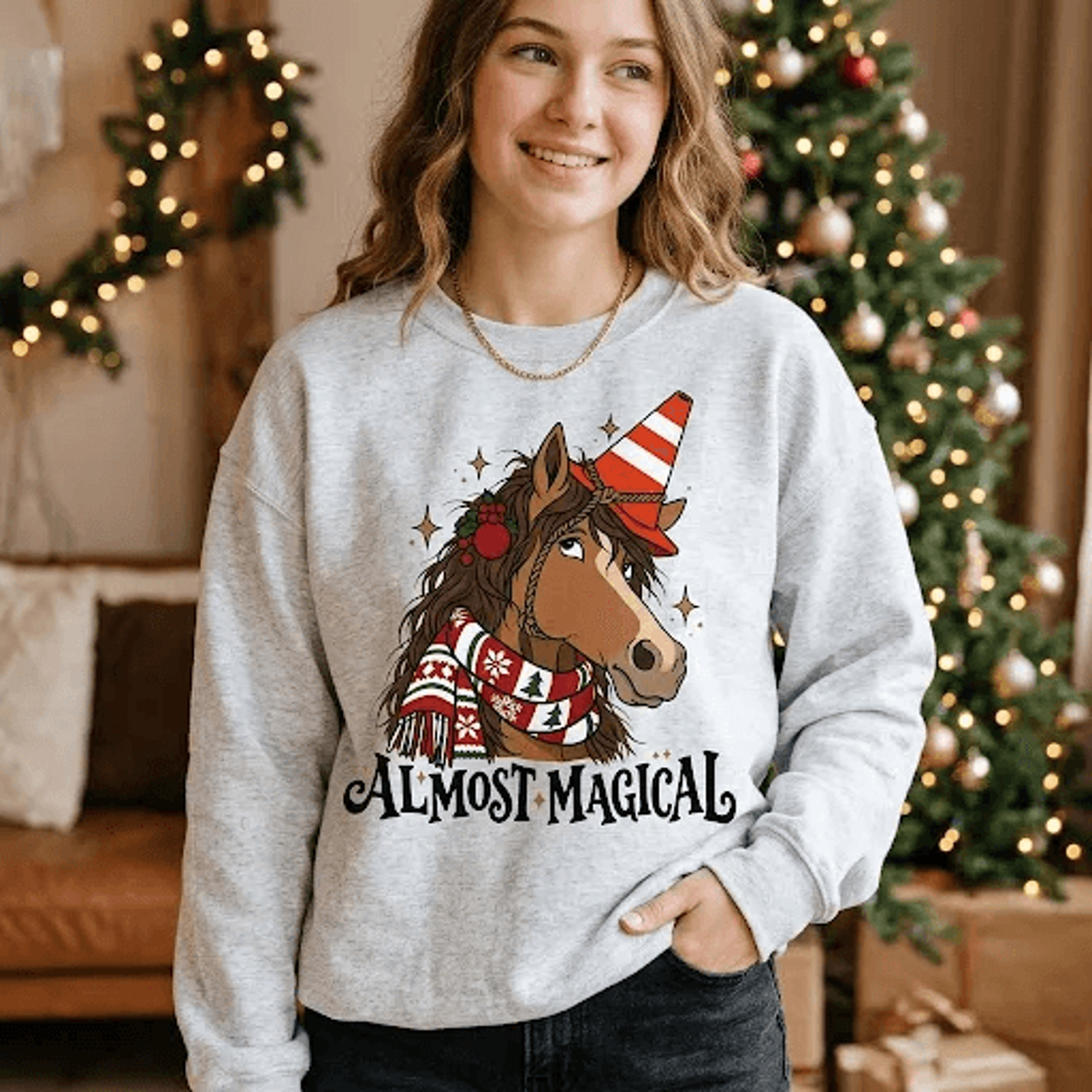 Almost Magical Christmas Sweatshirt Cute Festive Horse Graphic Whimsical Holiday Horse Lover Gift U 2