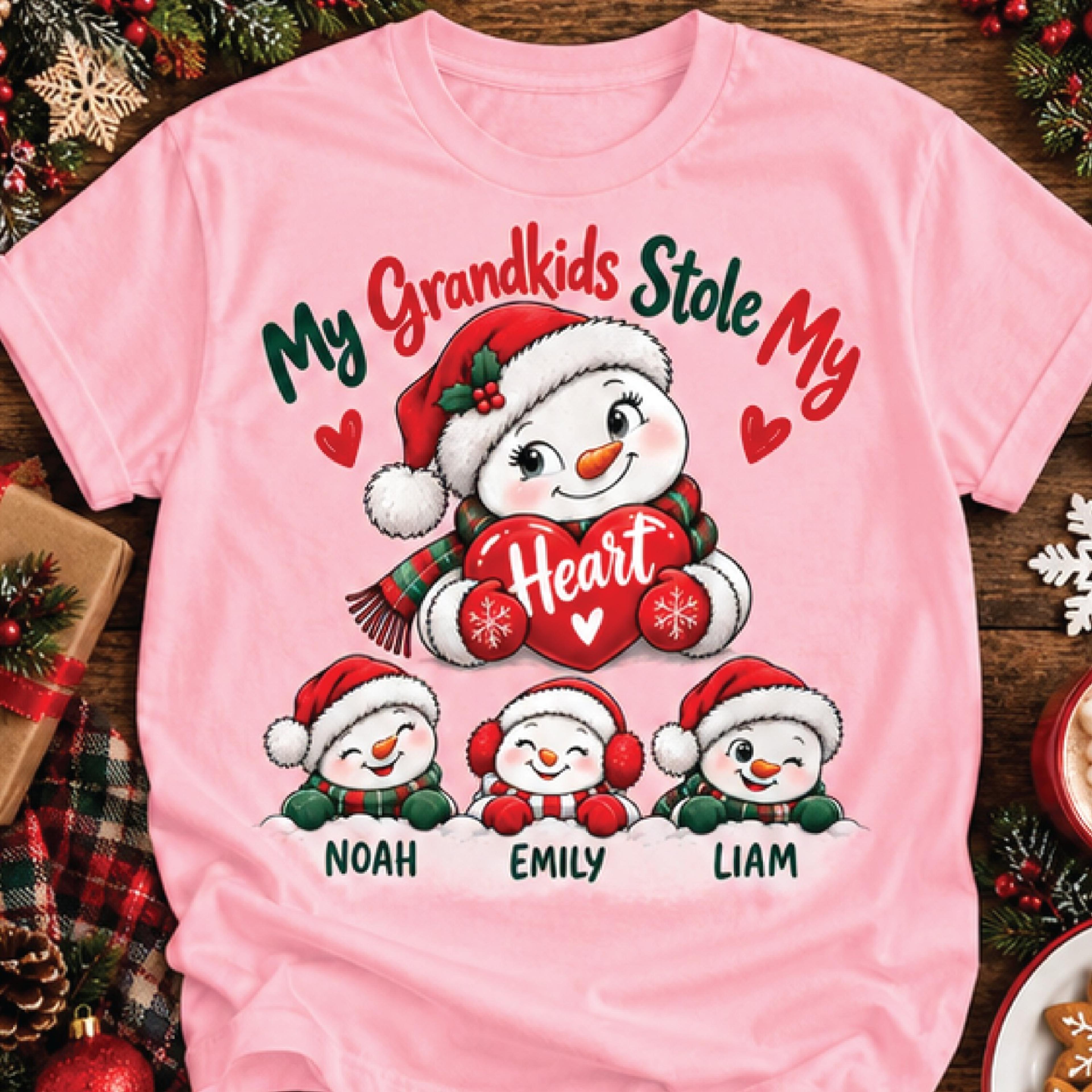 personalized grandma christmas sweatshirt, my grandkids stole my heart snowman design, custom grandchildren names