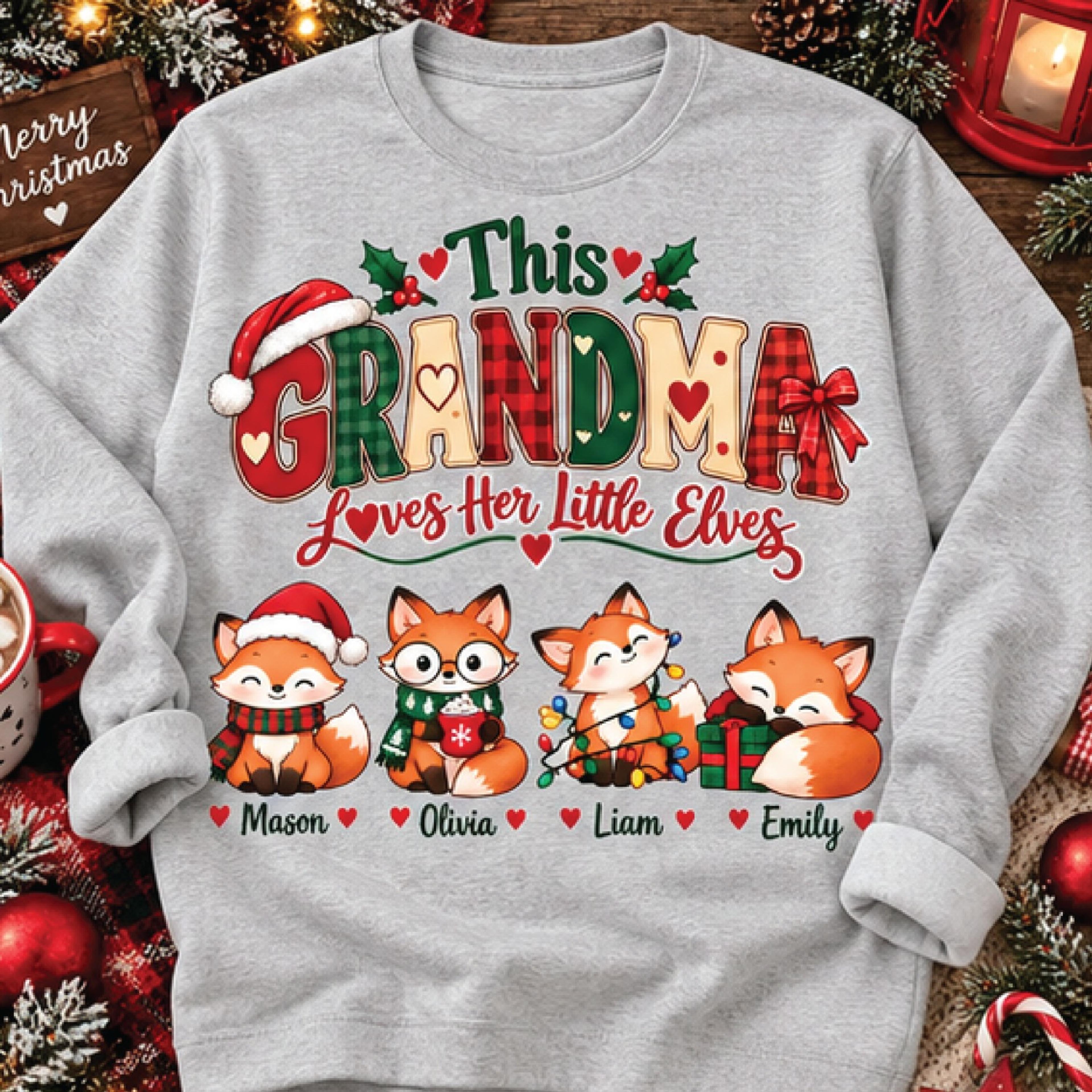personalized grandma christmas sweatshirt, this grandma loves her little elves, custom grandkids names fox holiday gift