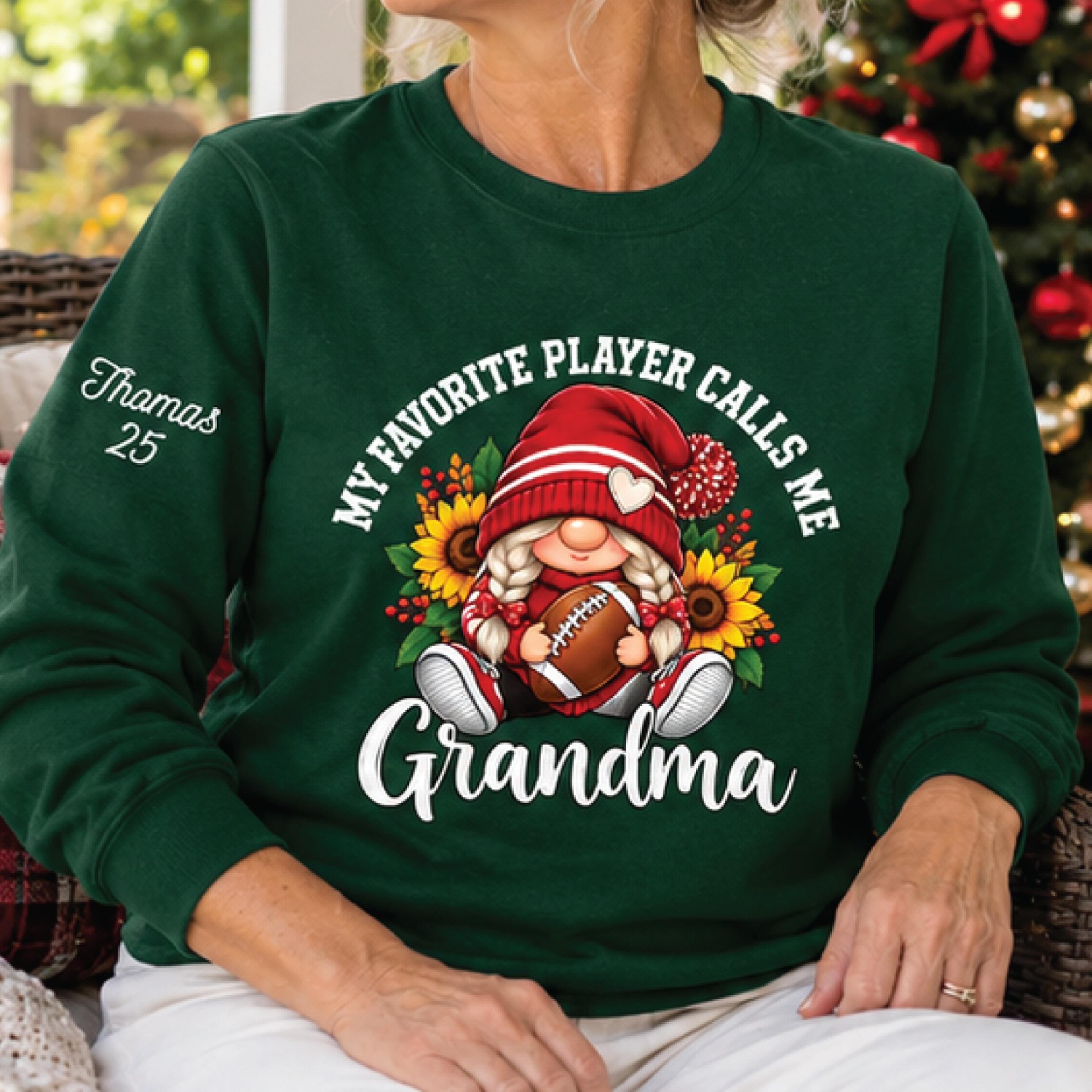 personalized football grandma sweatshirt, my favorite player calls me grandma, custom name and number gnome sweatshirt