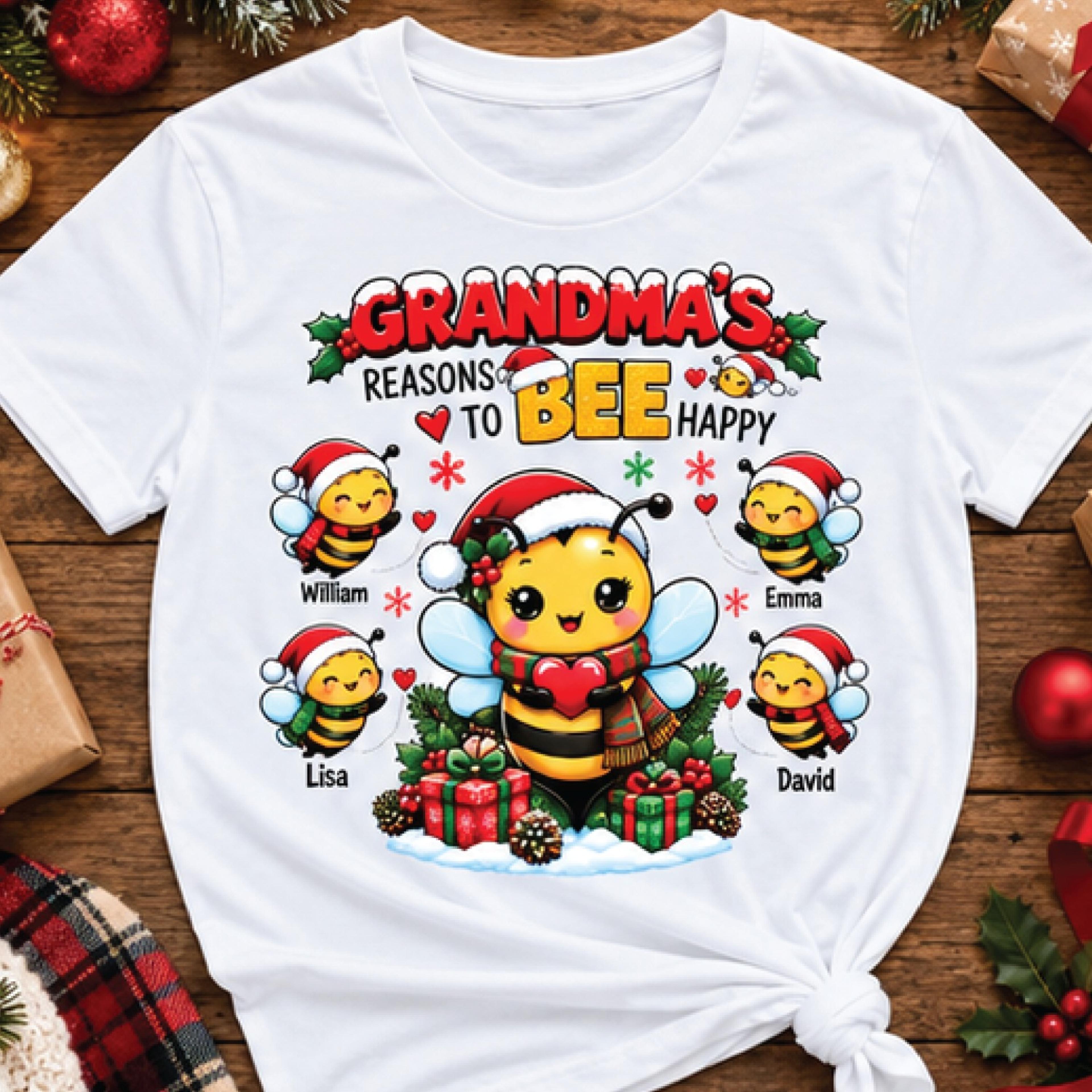 personalized grandma christmas sweatshirt, grandma's reasons to bee happy, custom grandkids names, cute bee holiday gift
