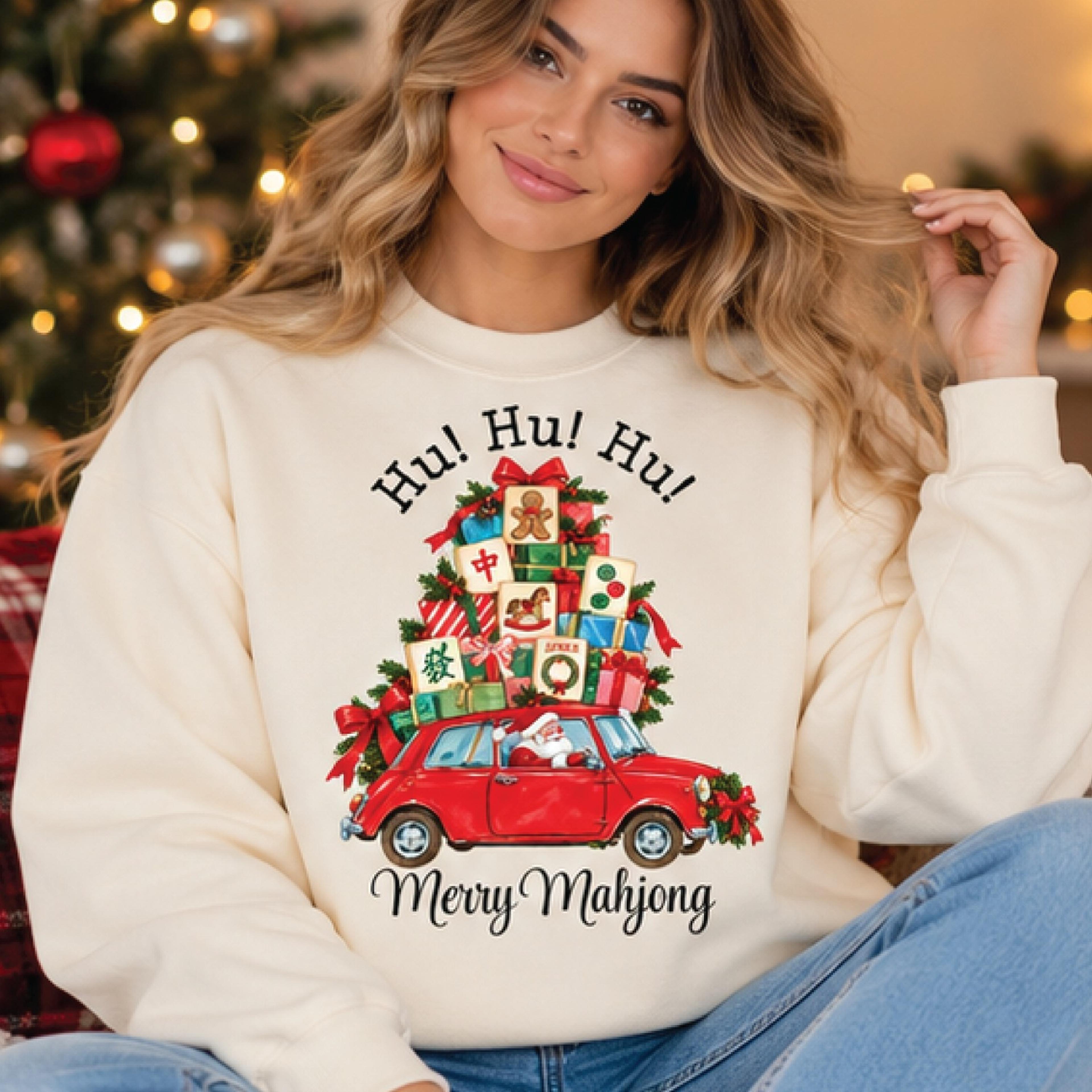 merry mahjong christmas sweatshirt, hu hu hu holiday mahjong gift, festive mahjong tiles christmas tree, unisex