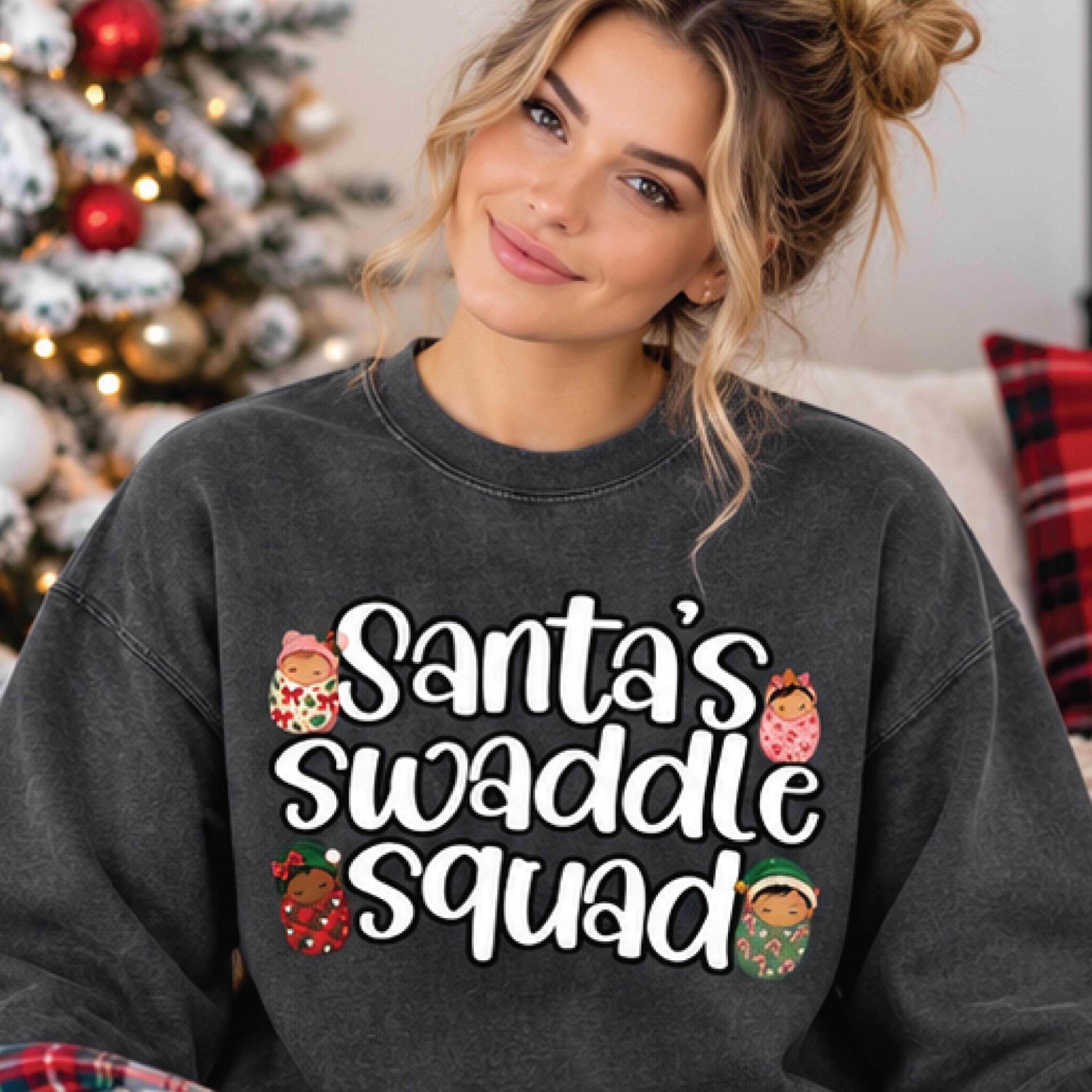 santa's swaddle squad christmas sweatshirt, cute baby holiday graphic, cozy christmas unisex sweatshirt, festive gift