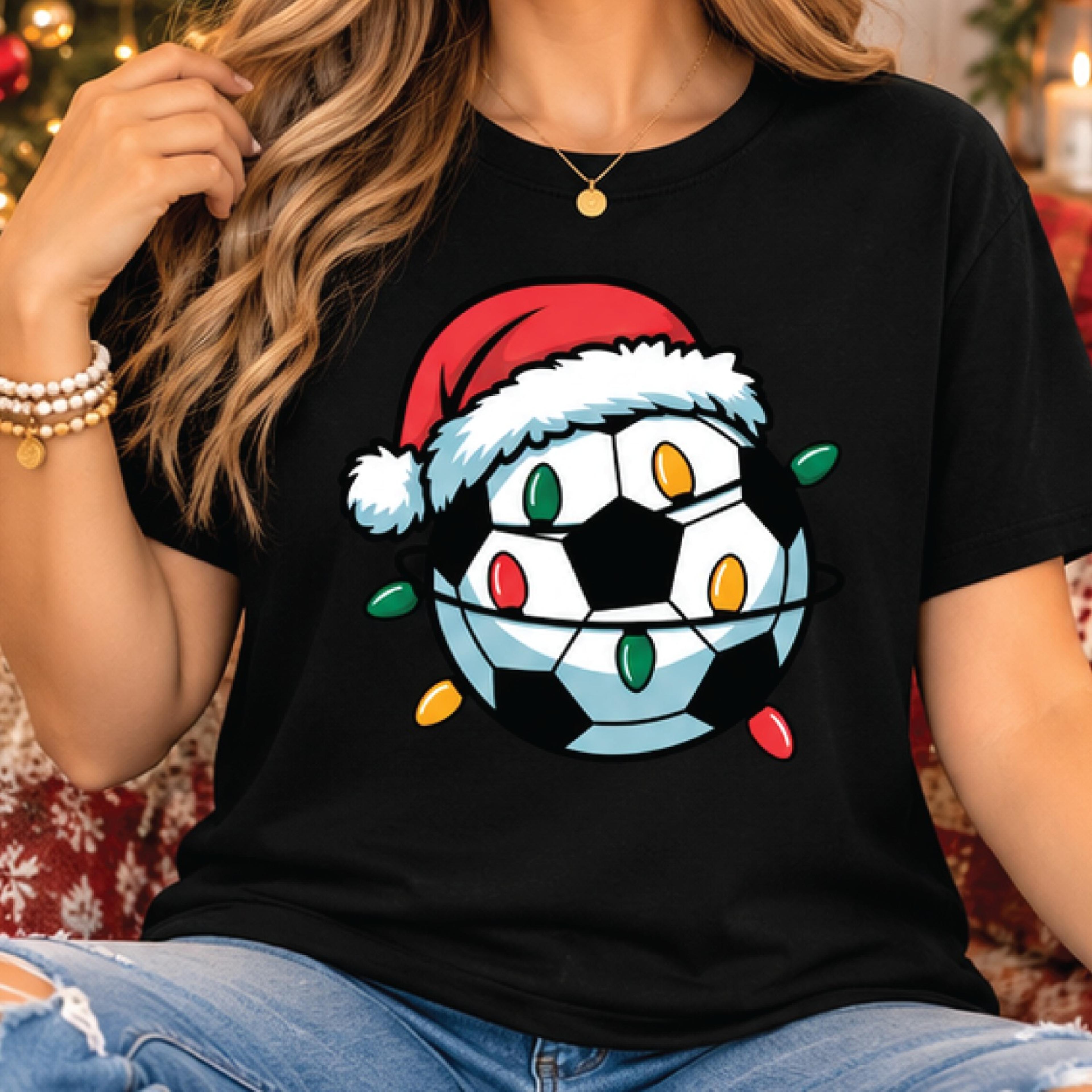 christmas soccer sweatshirt, santa hat soccer ball with holiday lights, festive football lover gift, unisex sports