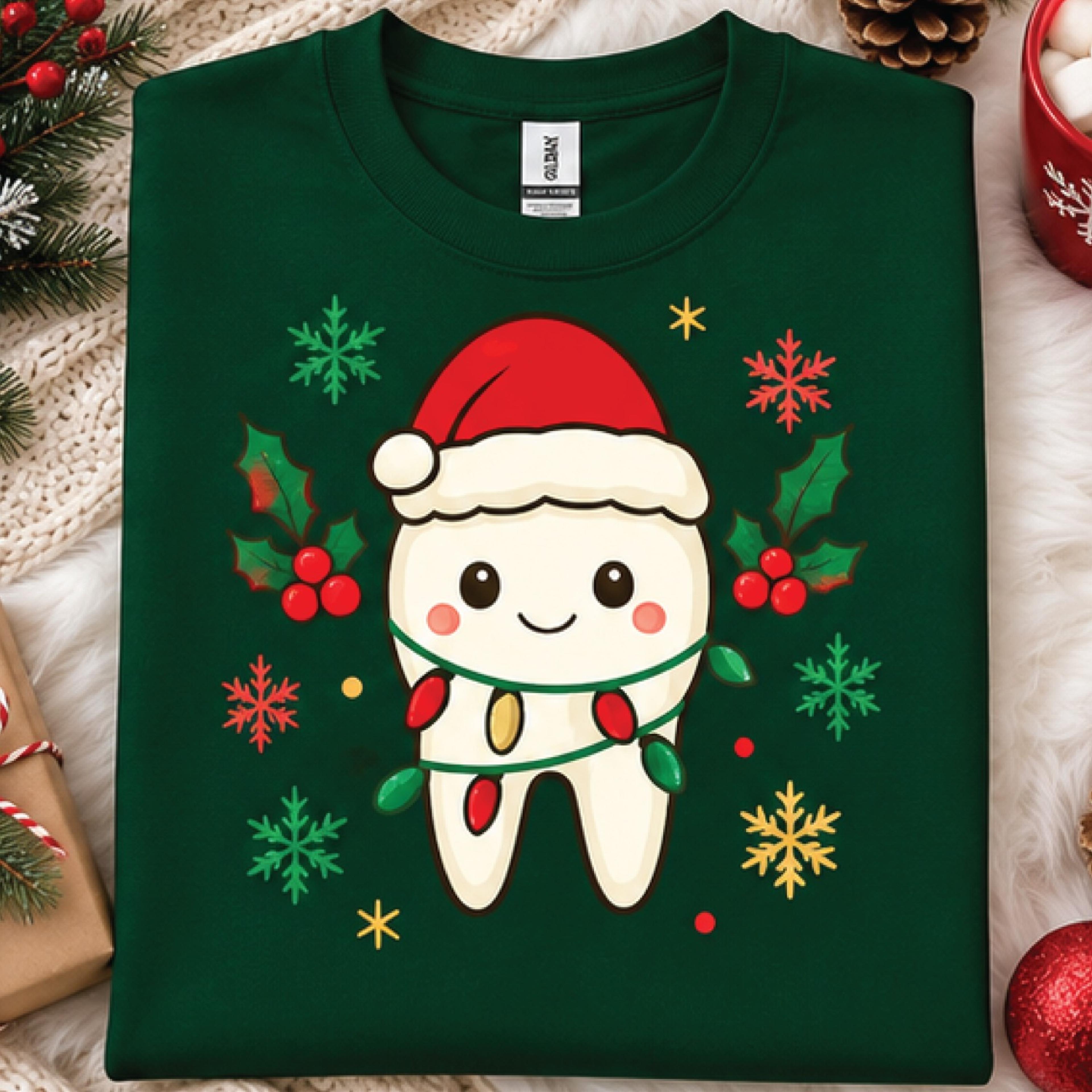 cute christmas tooth sweatshirt, santa hat dental holiday sweatshirt, festive dentist hygienist gift, adult unisex