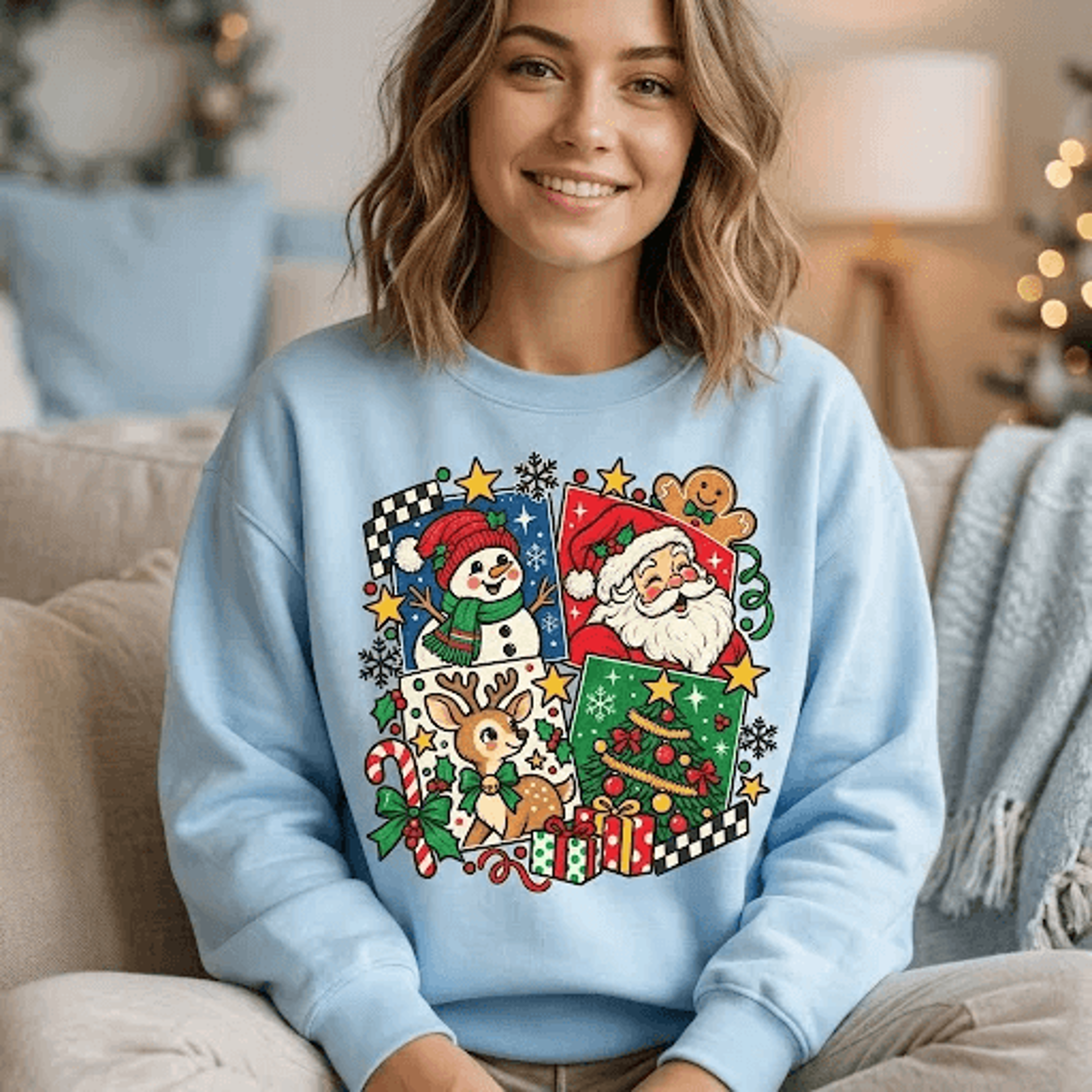 retro christmas collage sweatshirt, cute santa snowman reindeer holiday graphic, vintage festive adult unisex sweatshirt