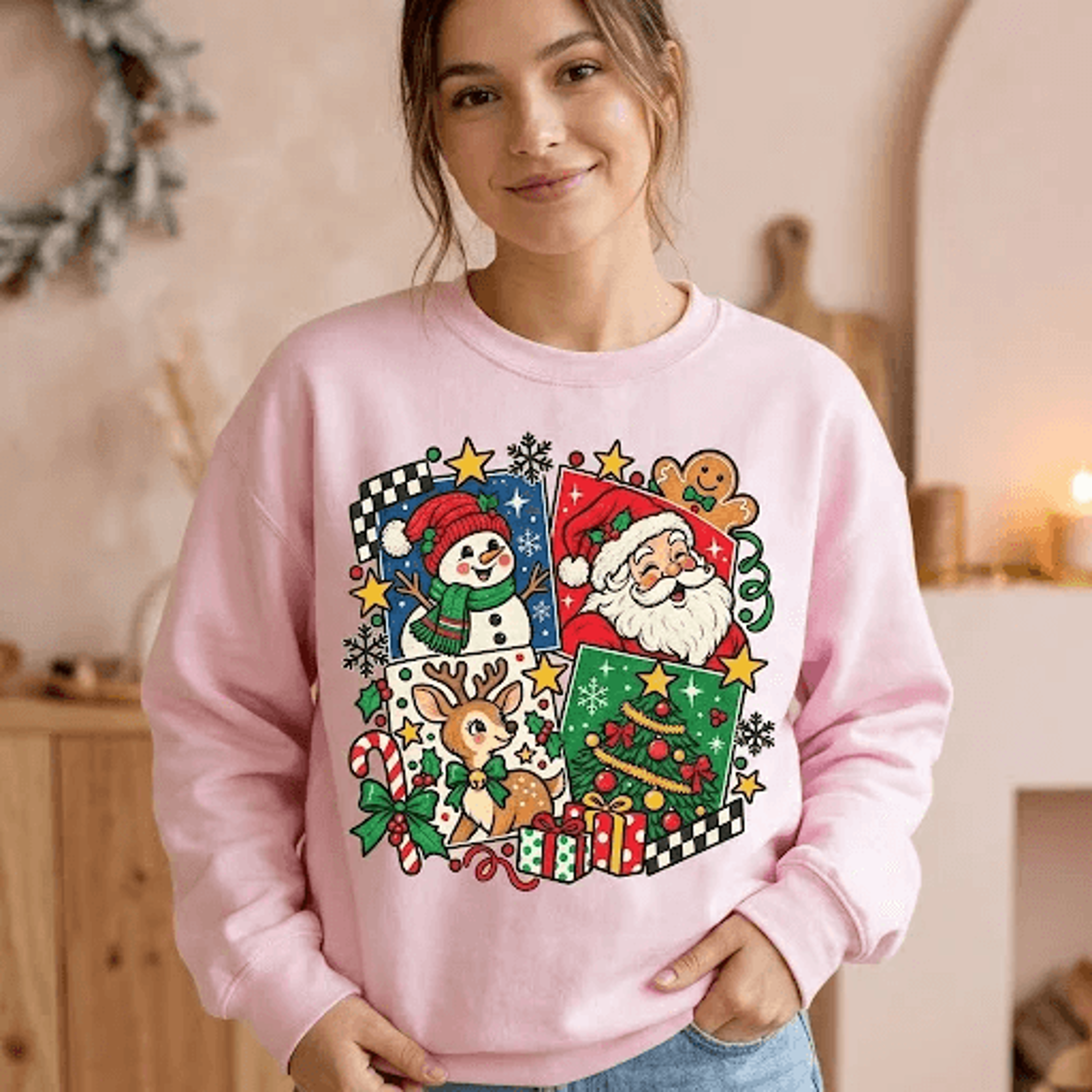 Retro Christmas Collage Sweatshirt Cute Santa Snowman Reindeer Holiday Graphic Vintage Festive Adul 1