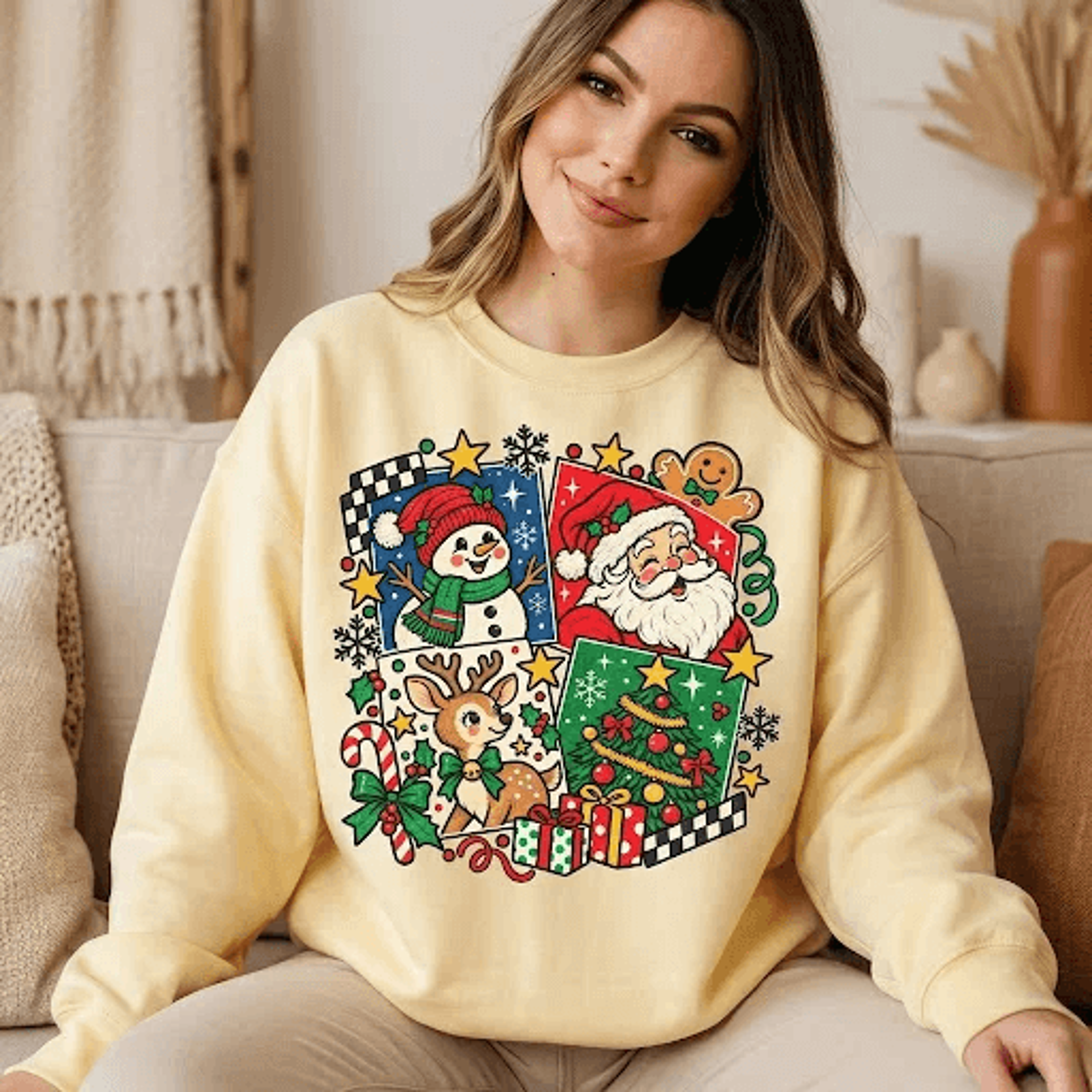 Retro Christmas Collage Sweatshirt Cute Santa Snowman Reindeer Holiday Graphic Vintage Festive Adul 2