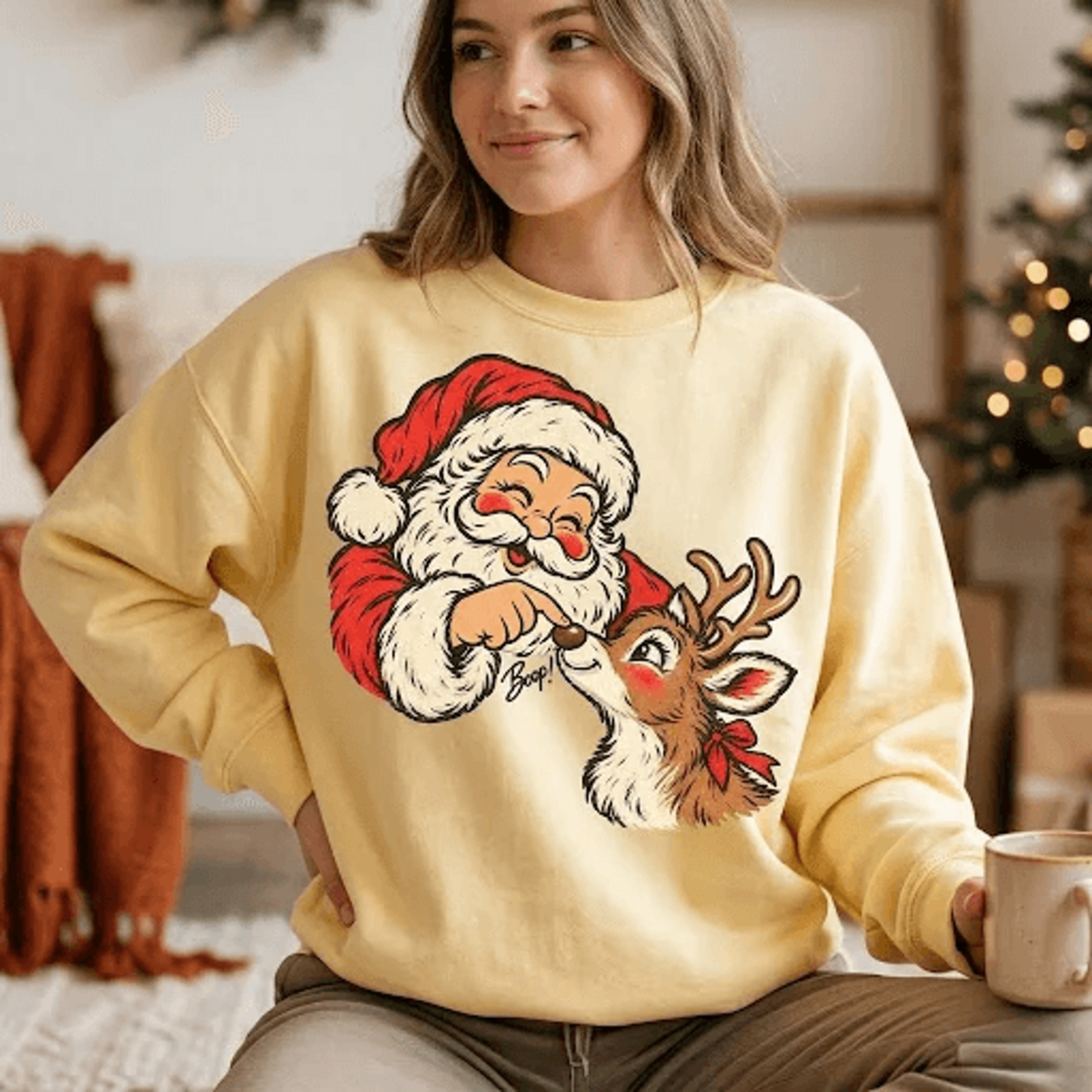 Vintage Santa And Reindeer Christmas Sweatshirt Cute Retro Santa Claus Holiday Graphic Festive Adul 2