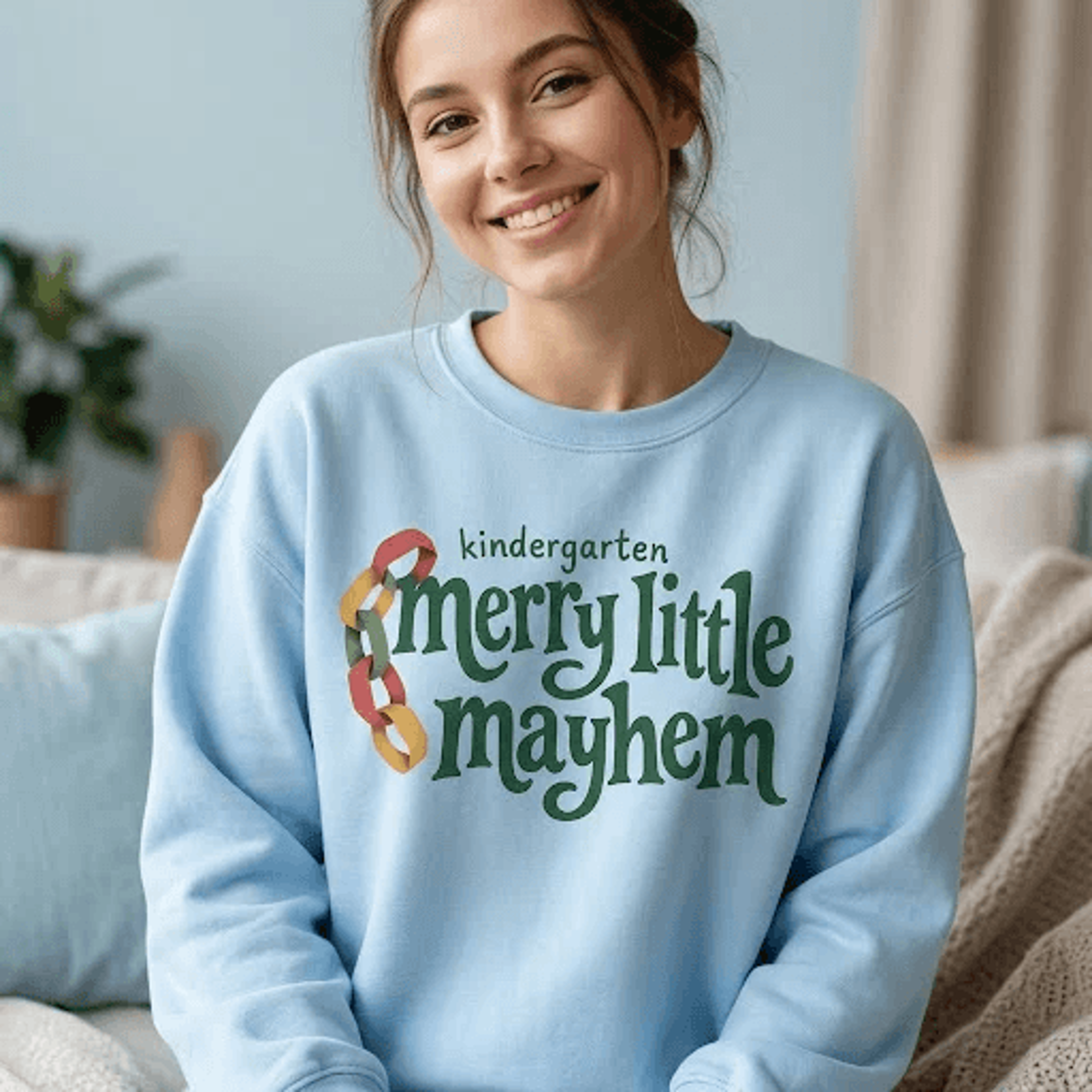kindergarten merry little mayhem sweatshirt, funny christmas teacher sweatshirt, festive classroom holiday unisex gift