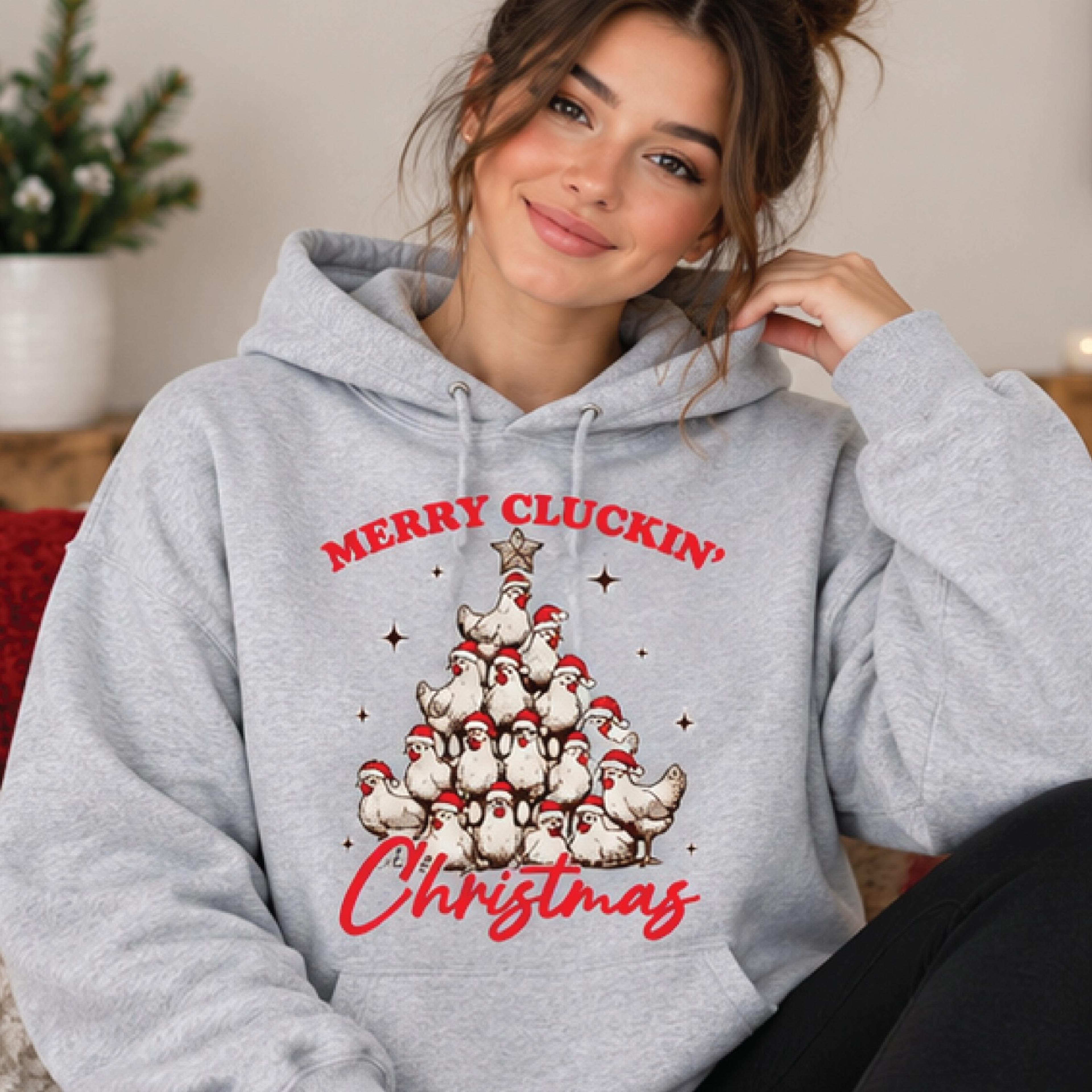 merry cluckin christmas hoodie, funny chicken christmas hoodie, cute santa hat chicken tree pullover, chicken lover gift
