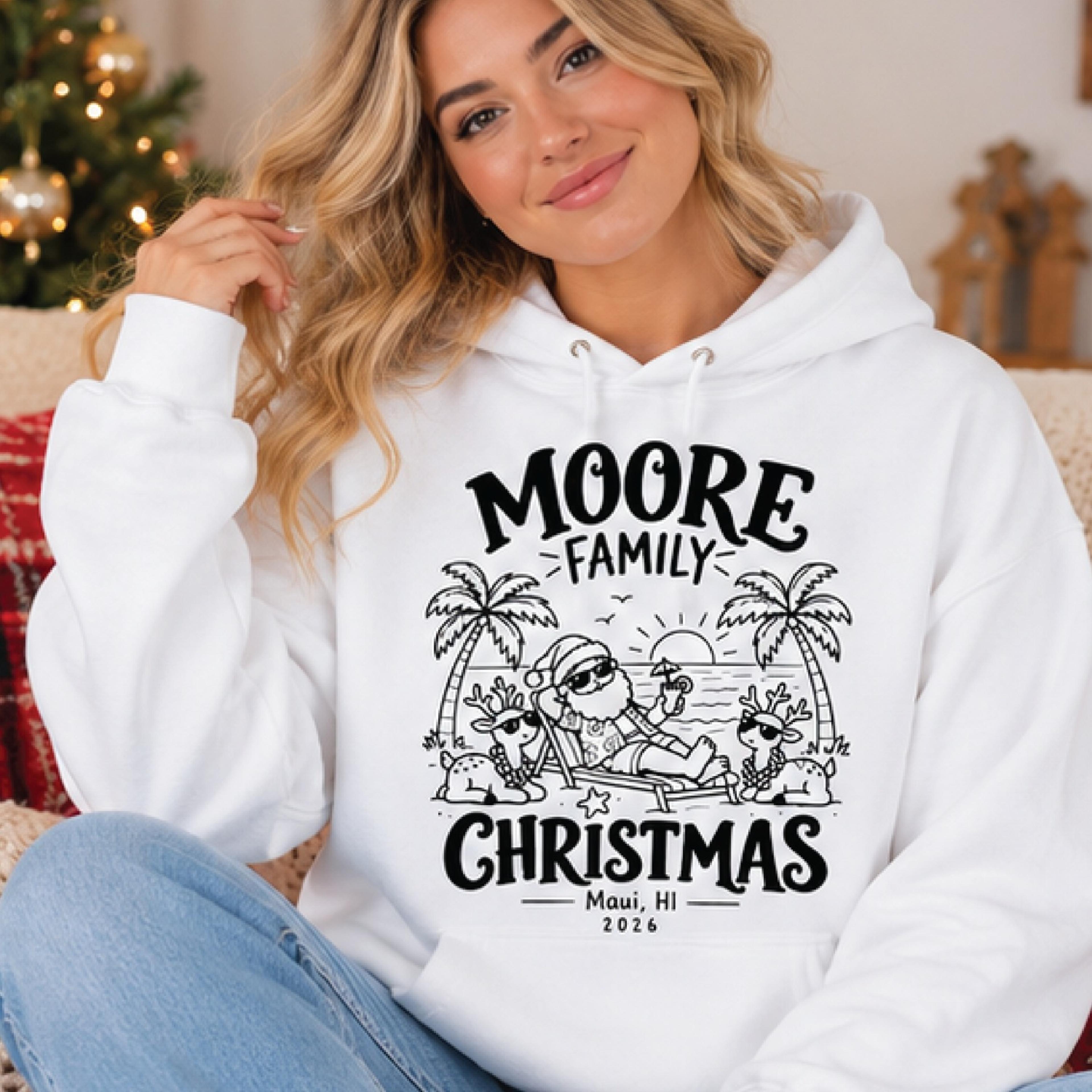 personalized family christmas hoodie, custom tropical santa beach christmas hoodie, maui hawaii holiday vacation gift