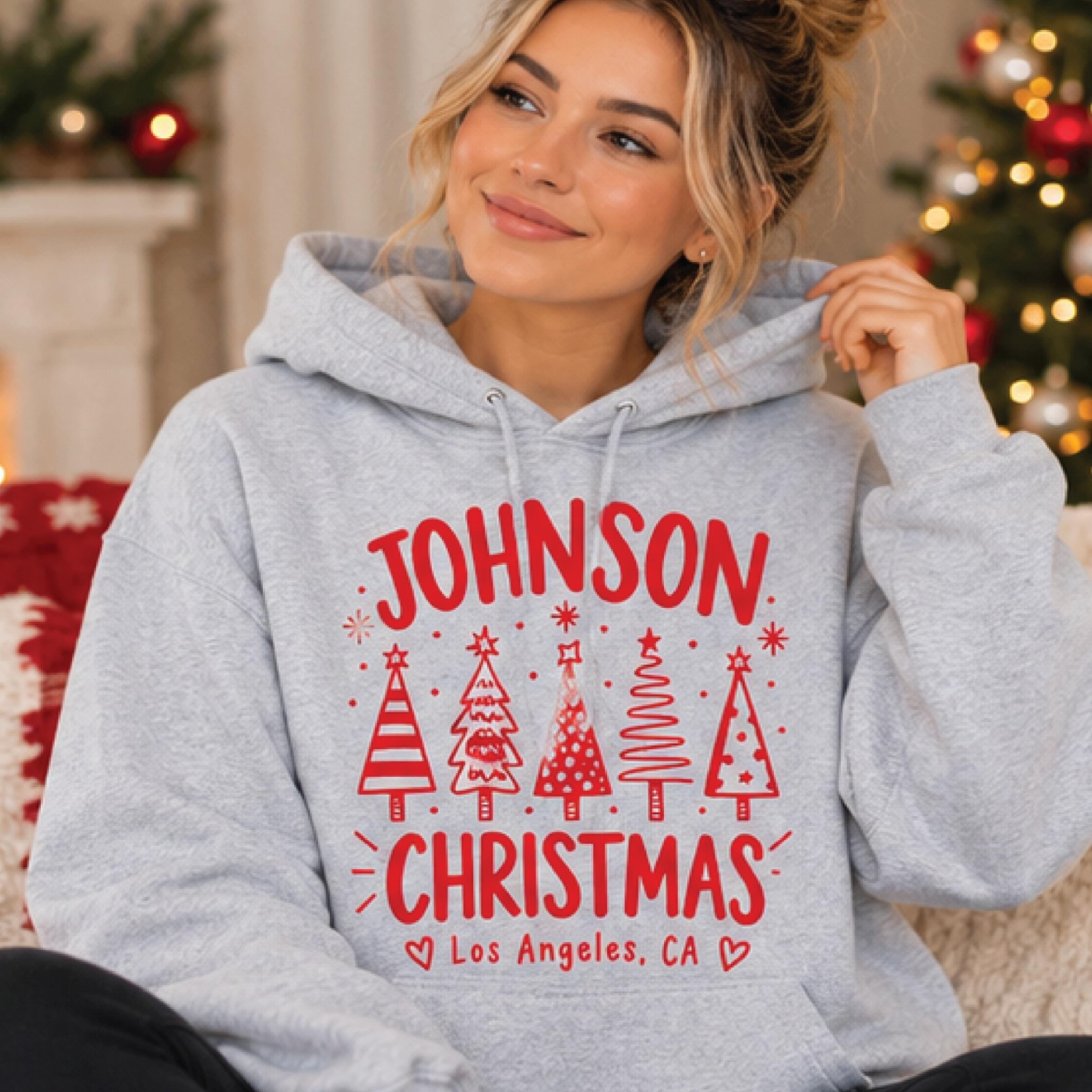 personalized family christmas hoodie, custom last name christmas tree hoodie, matching family holiday outfit, christmas