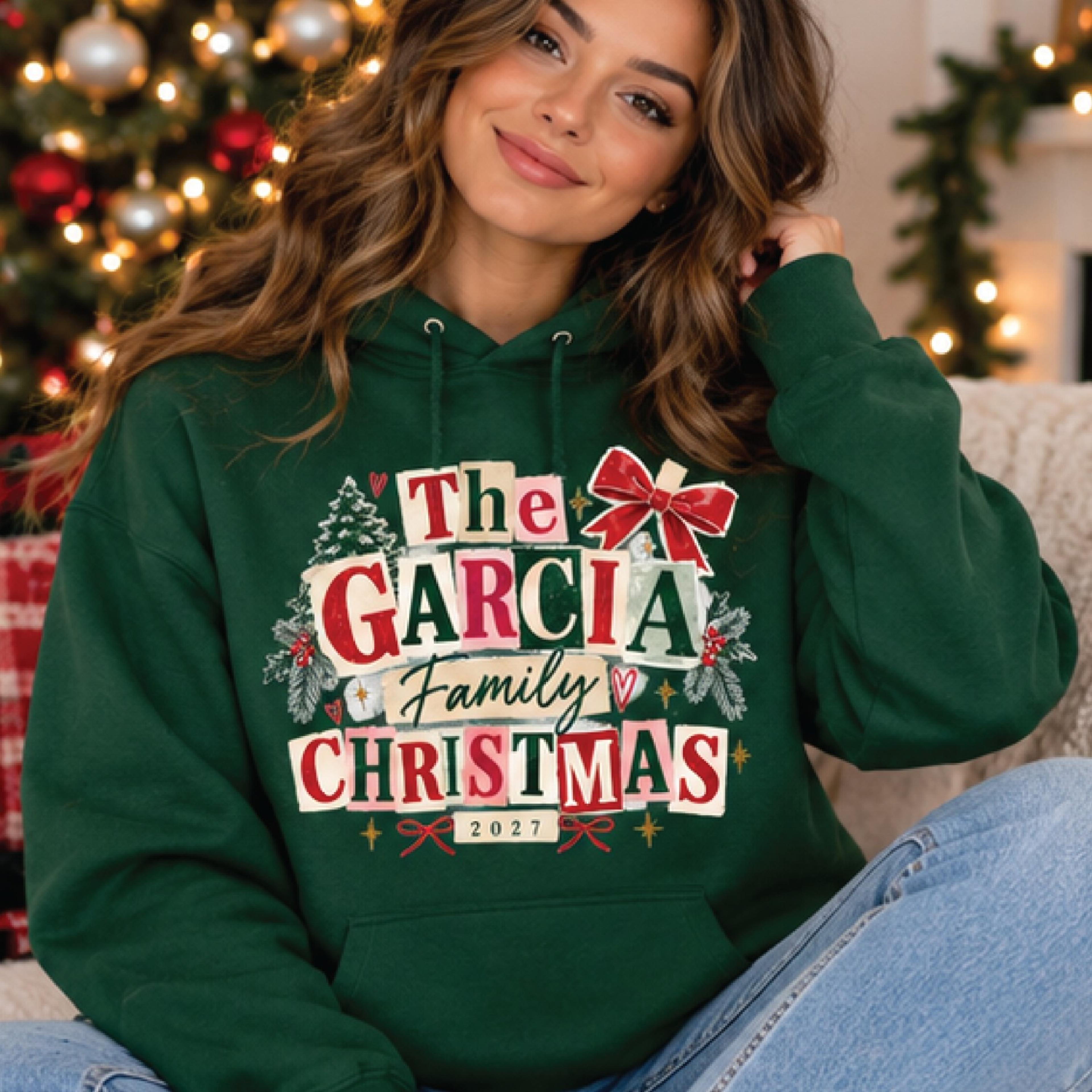 personalized family christmas hoodie, custom last name holiday hoodie, matching family christmas outfit, christmas 2027