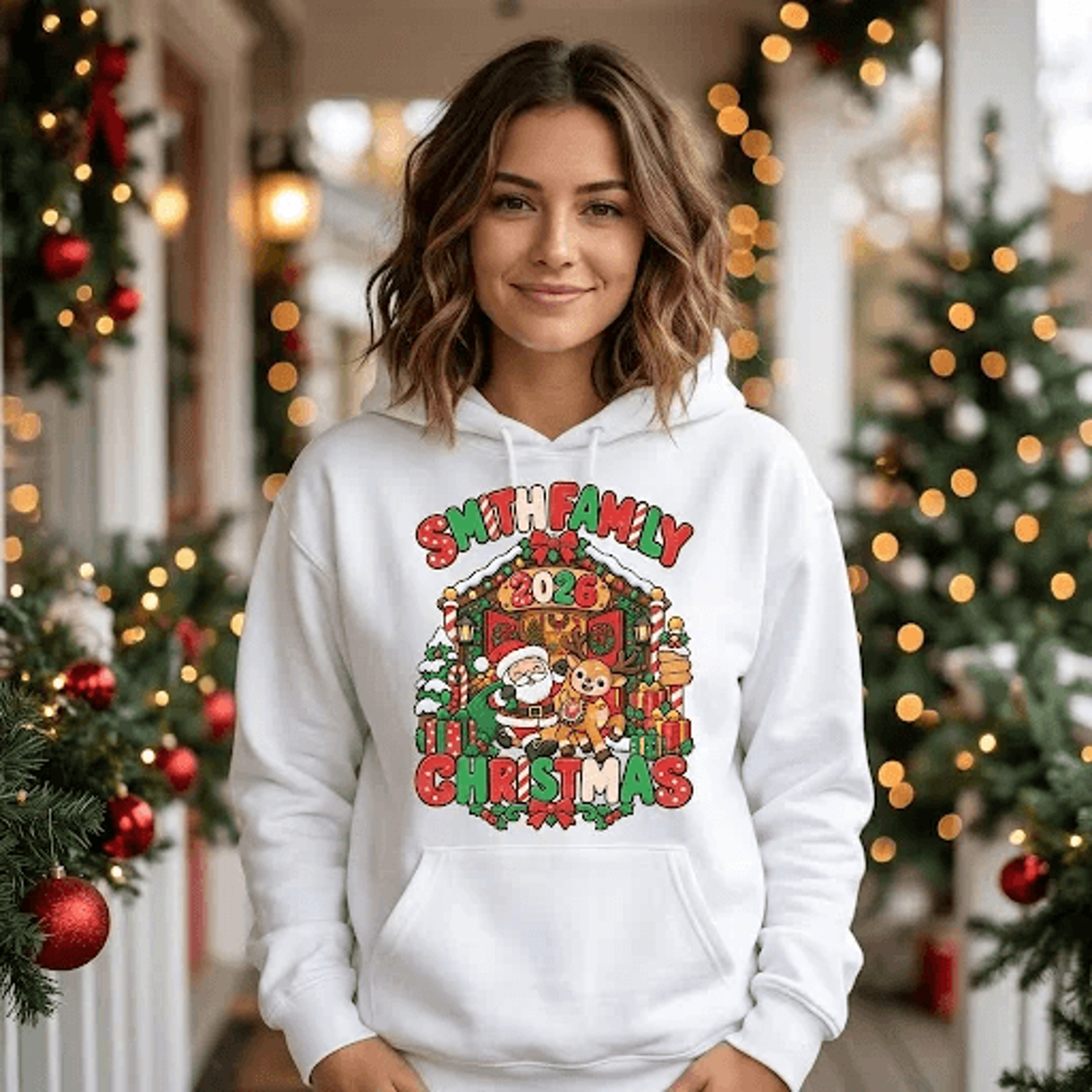 Personalized Family Christmas Hoodie Custom Family Name Christmas 2026 Hoodie Santa Teddy Bear Holi 2