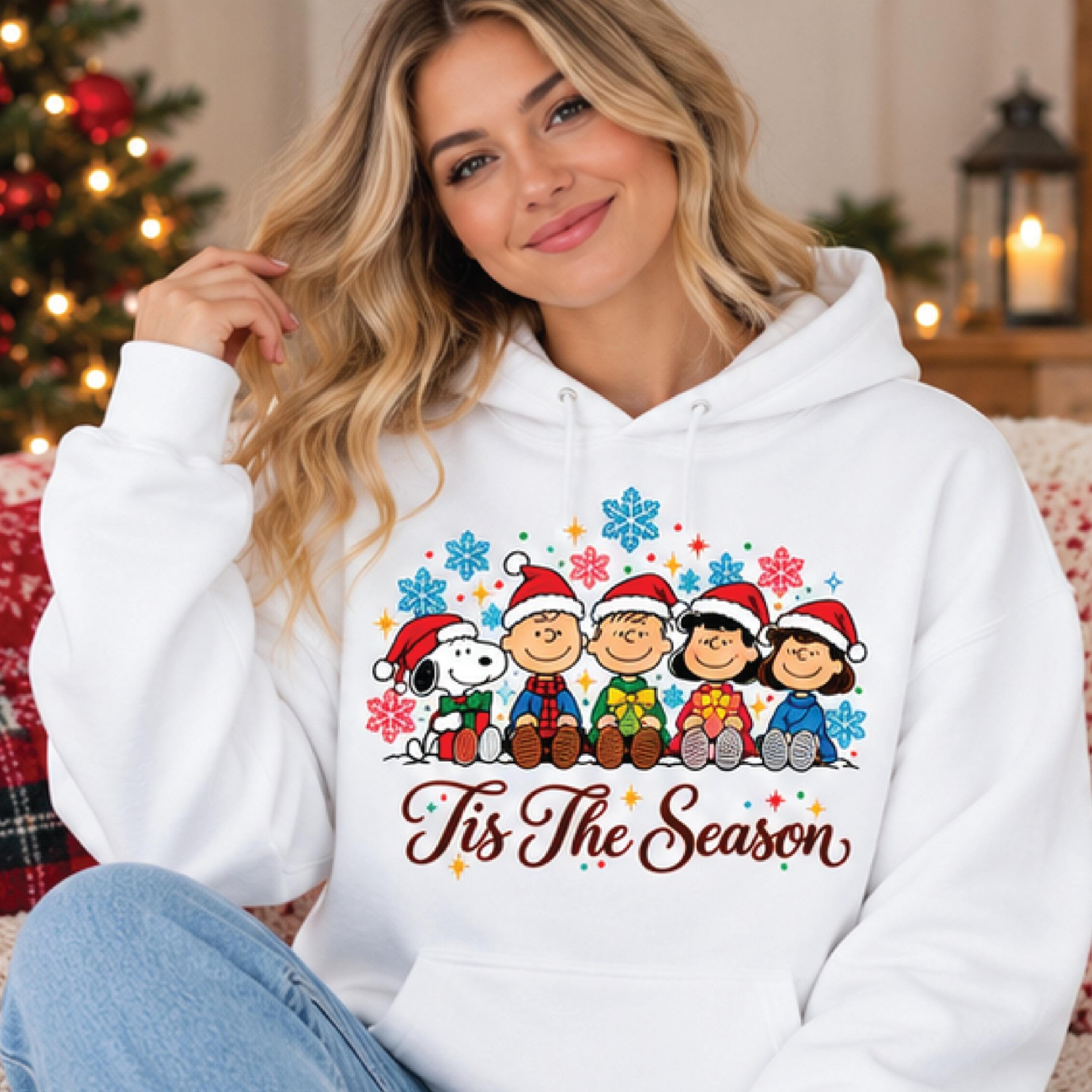 peanuts tis the season christmas hoodie, snoopy and friends holiday pullover, cute festive cartoon graphic hoodie gift