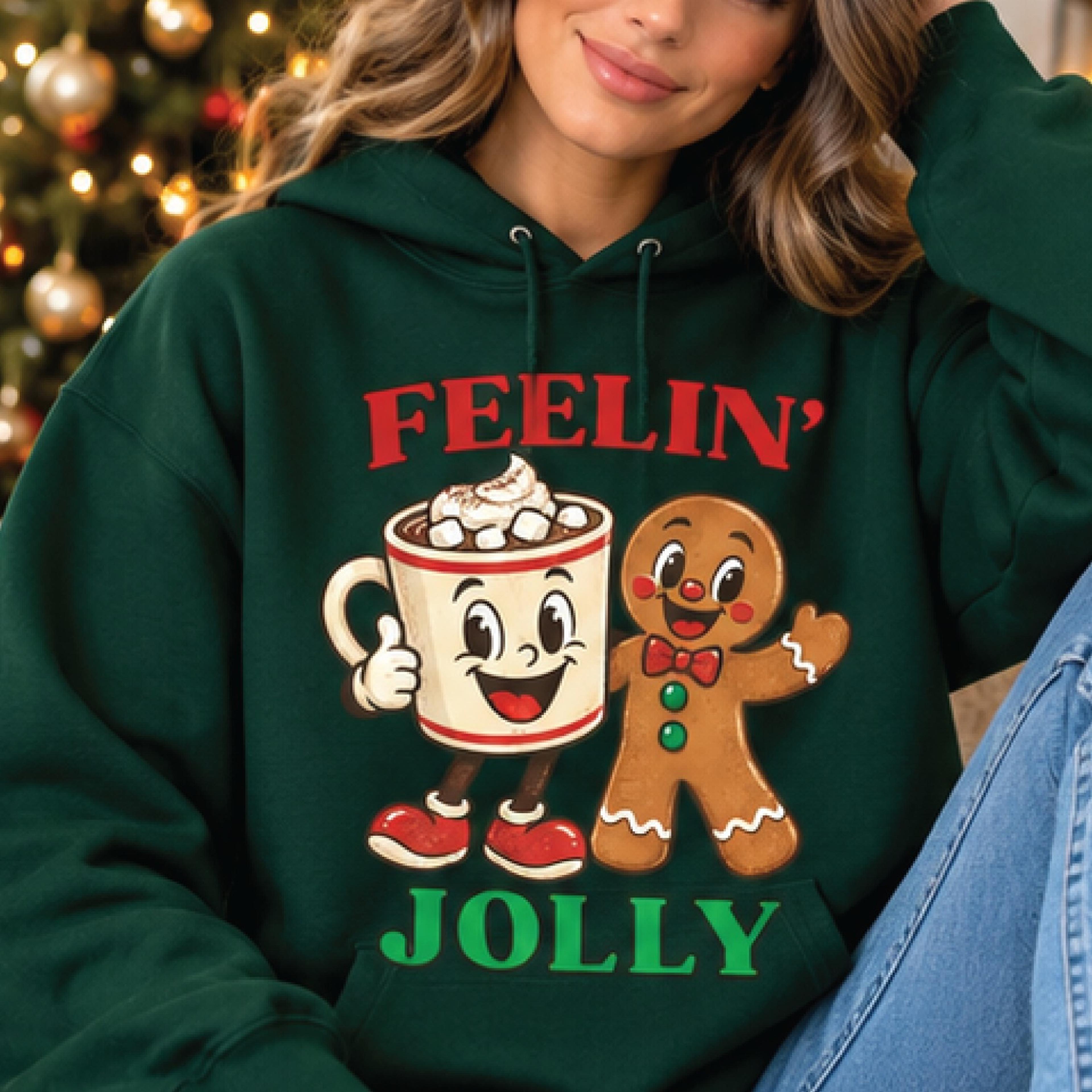 feelin jolly christmas hoodie, cute gingerbread man and hot cocoa pullover, retro holiday hoodie, festive winter gift