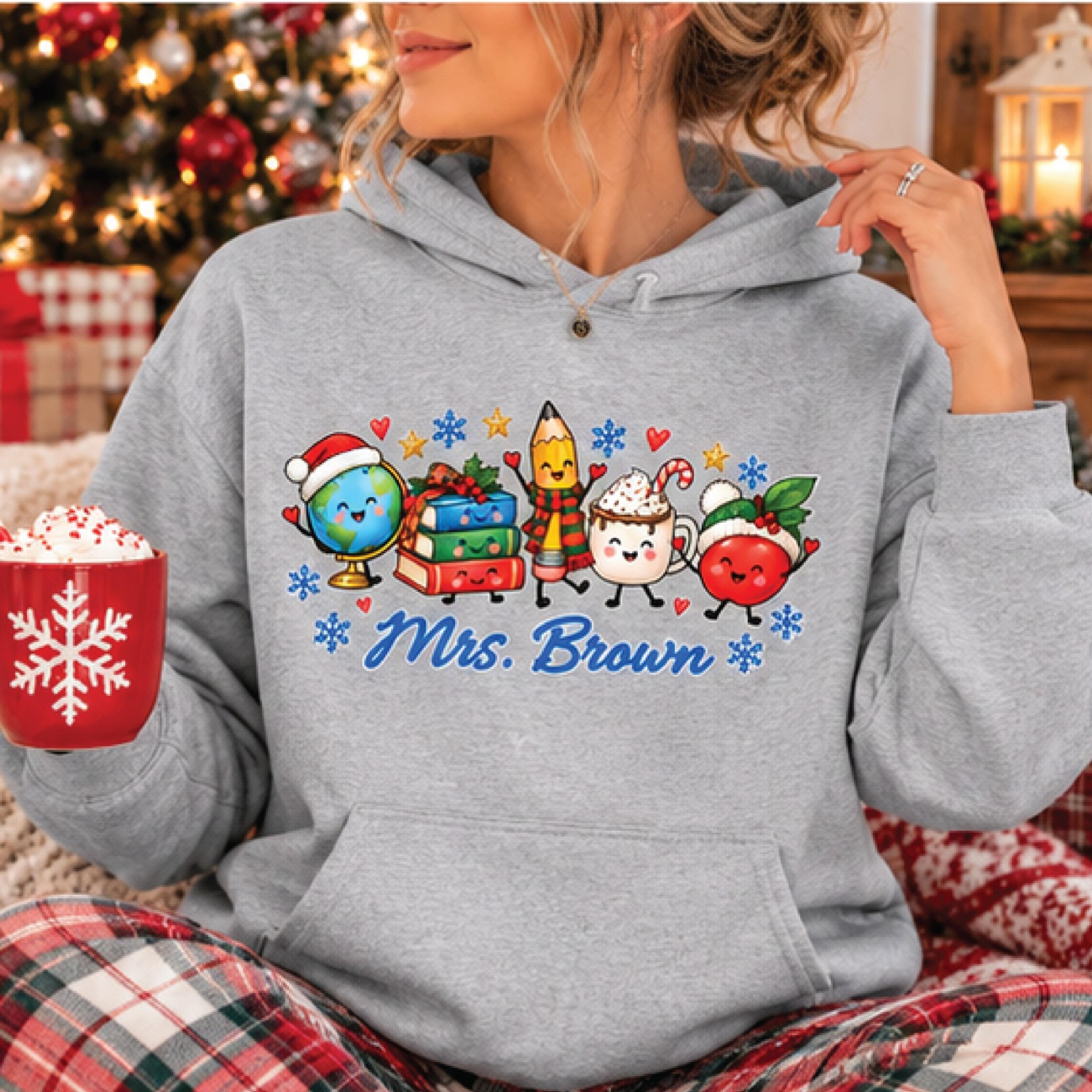personalized teacher christmas hoodie, custom teacher name holiday pullover, cute school christmas gift for teachers