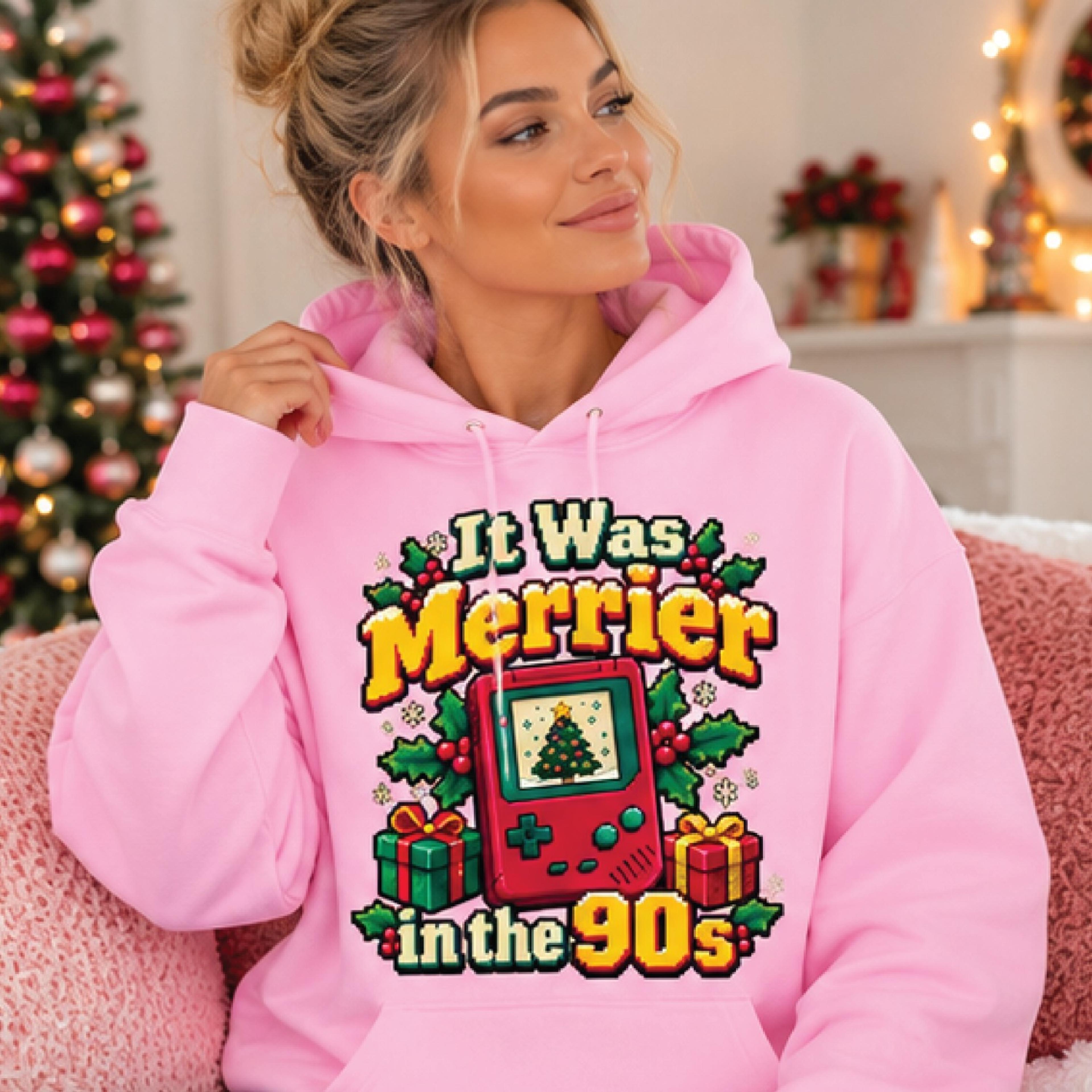 it was merrier in the 90s christmas hoodie, retro 90s holiday gaming pullover, nostalgic christmas gift, vintage xmas
