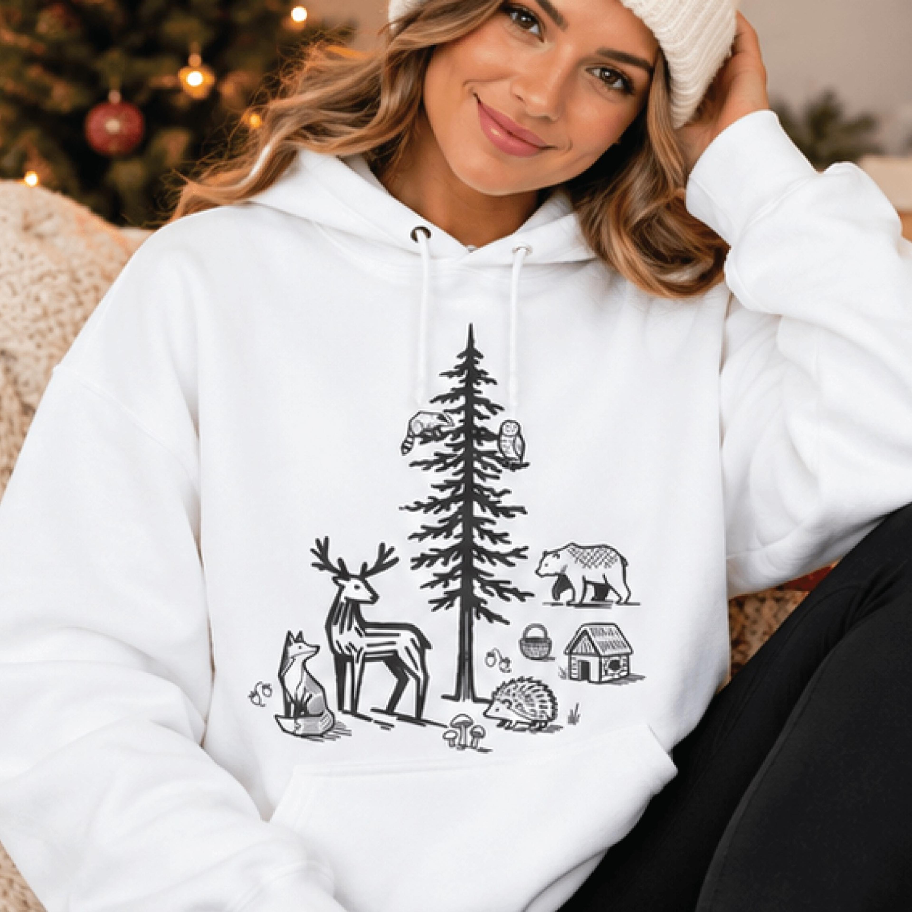 woodland animals hoodie, minimalist forest wildlife pullover, deer bear fox nature graphic hoodie, cozy outdoor lover