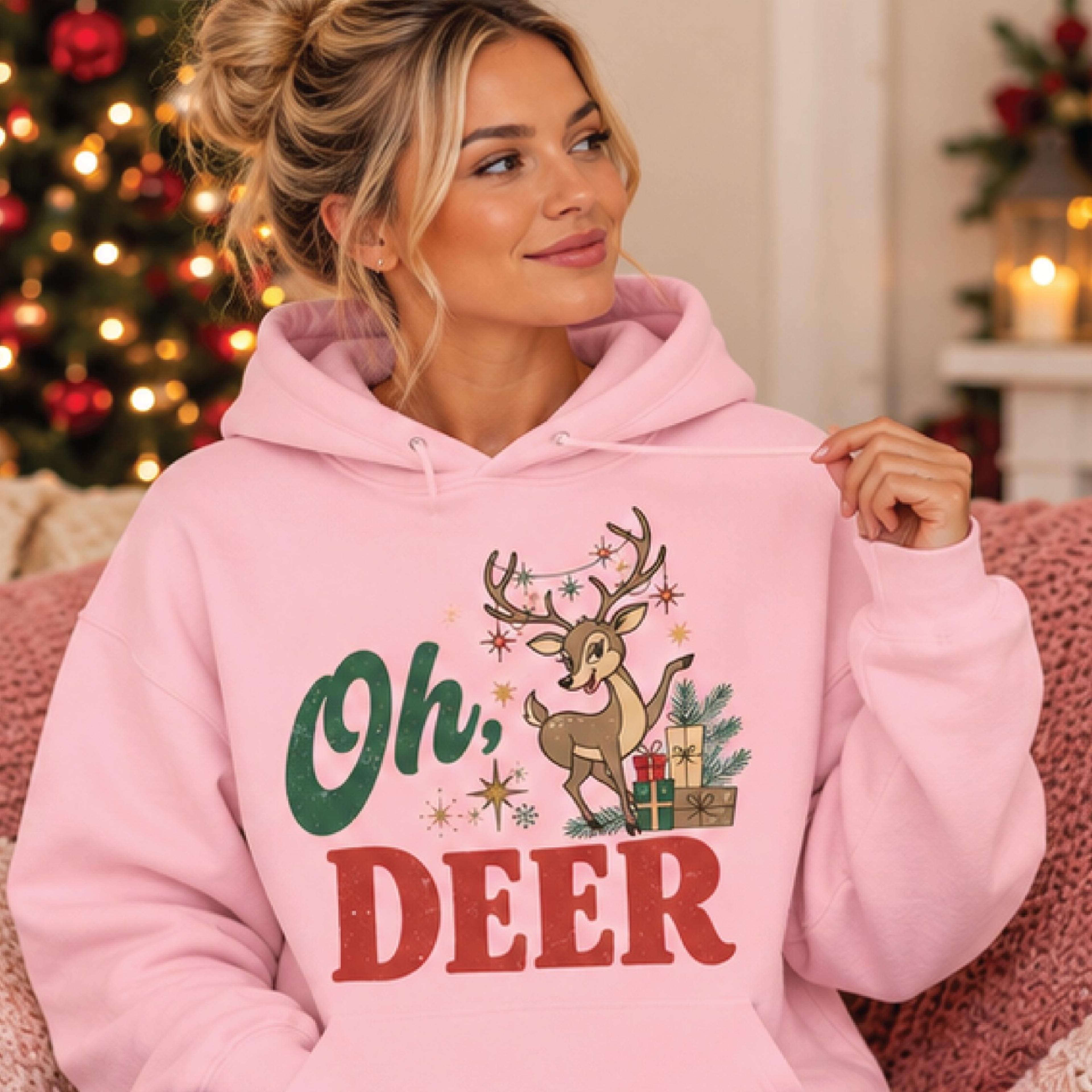 oh deer christmas hoodie, cute reindeer holiday pullover, retro christmas graphic hoodie, festive winter gift for adults