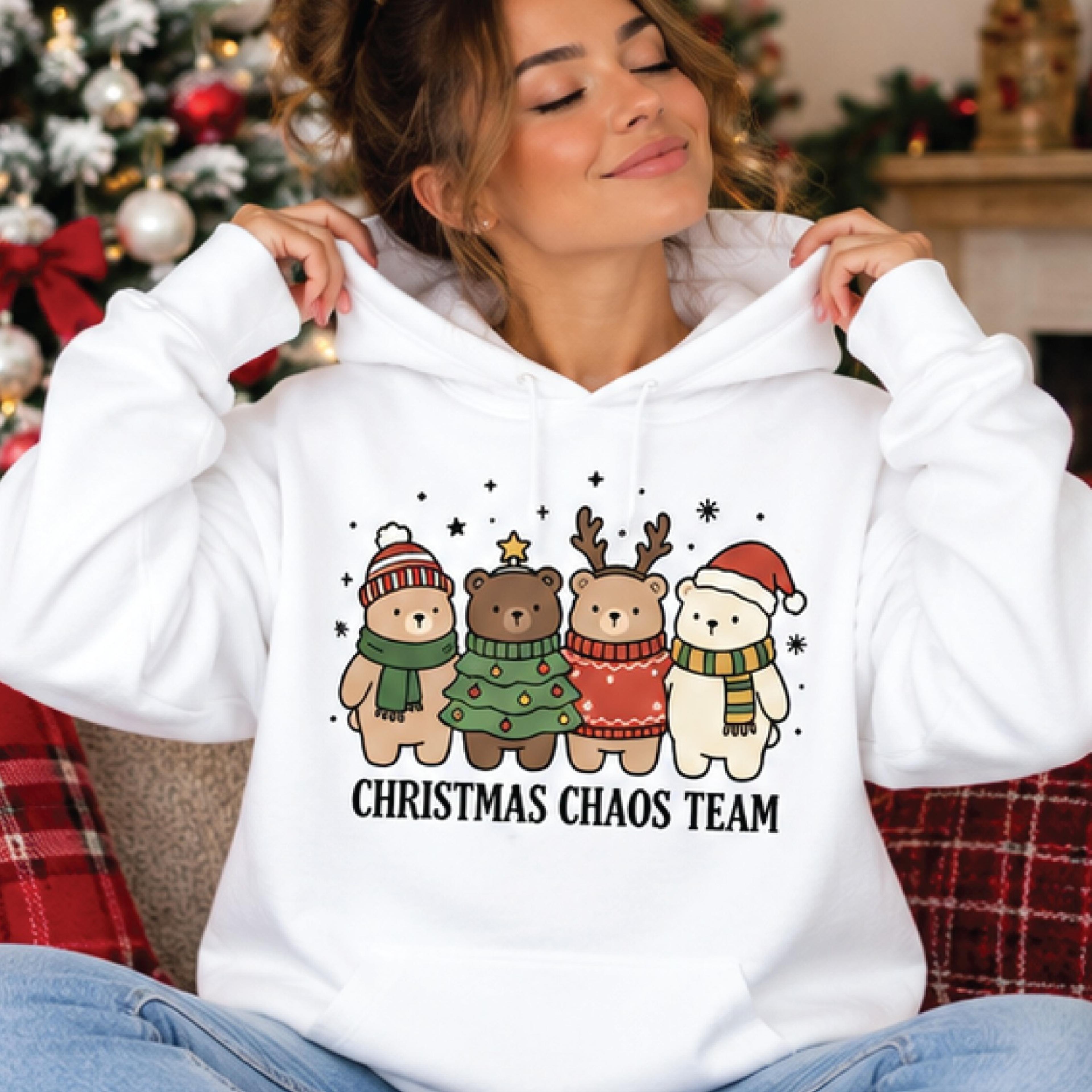 christmas chaos team hoodie, cute christmas bears pullover, funny holiday squad hoodie, festive bear family christmas