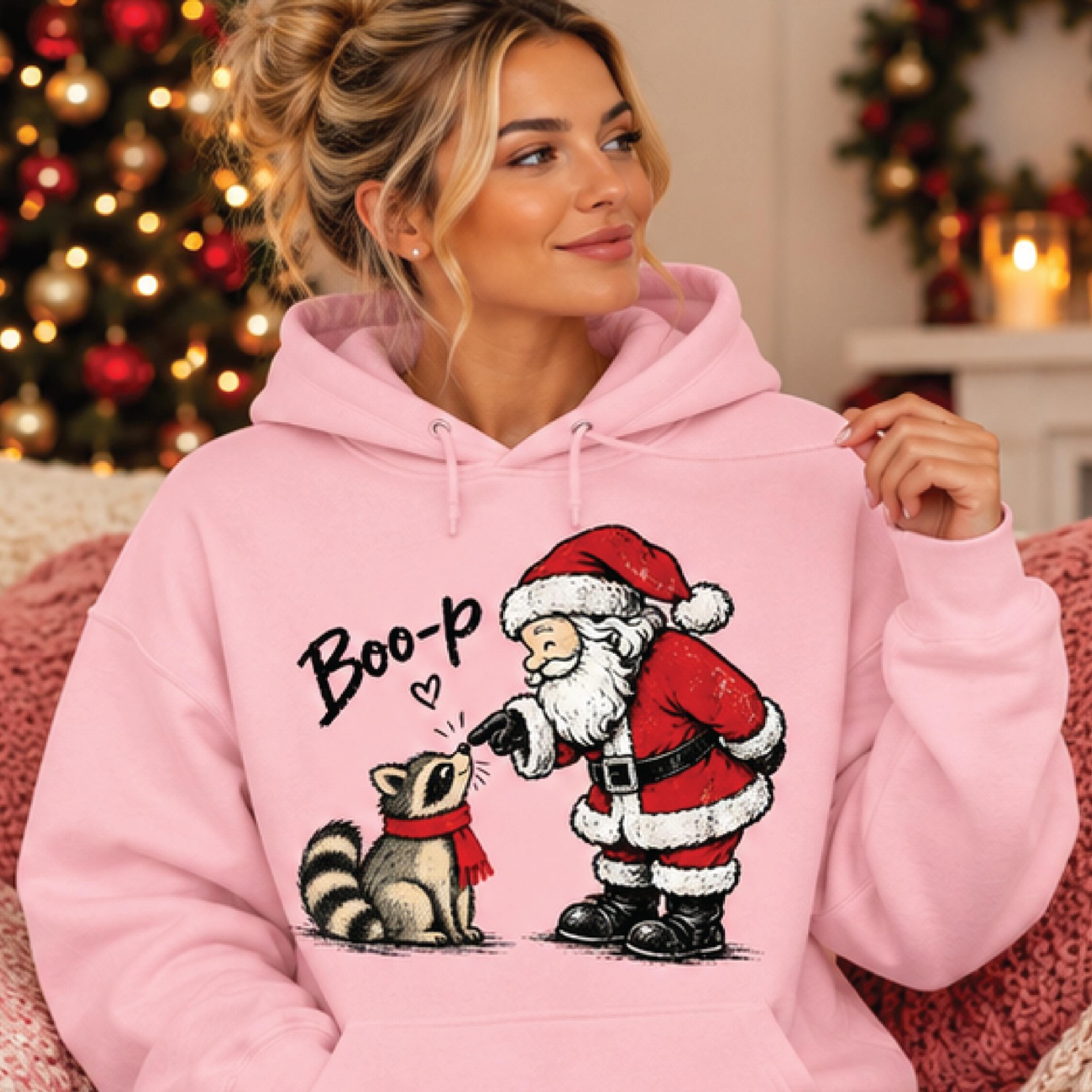 santa and raccoon christmas hoodie, cute boo-p holiday graphic pullover, funny woodland animal xmas gift, unisex hoodie