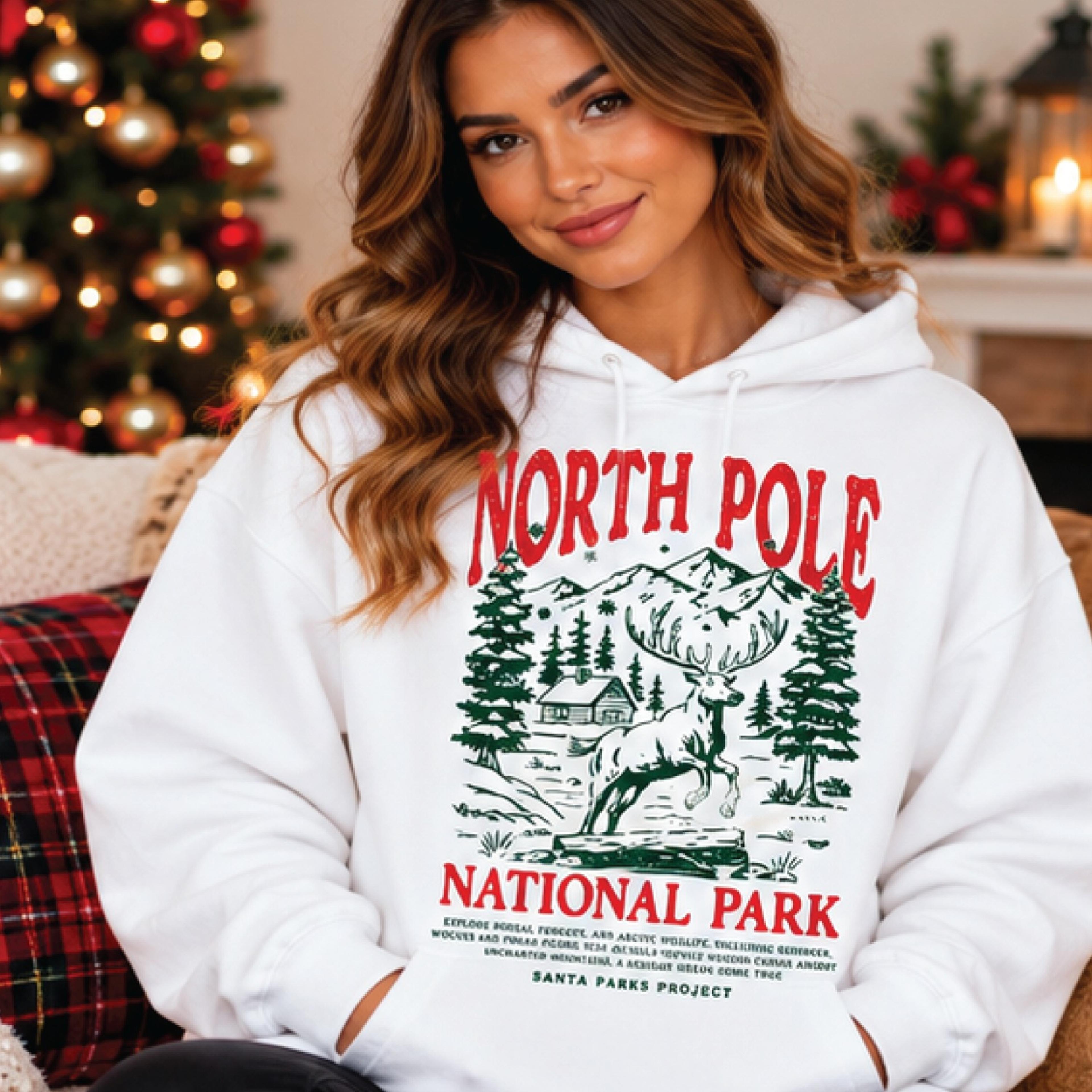 north pole national park christmas hoodie, vintage winter wildlife graphic, retro moose forest unisex holiday hoodie