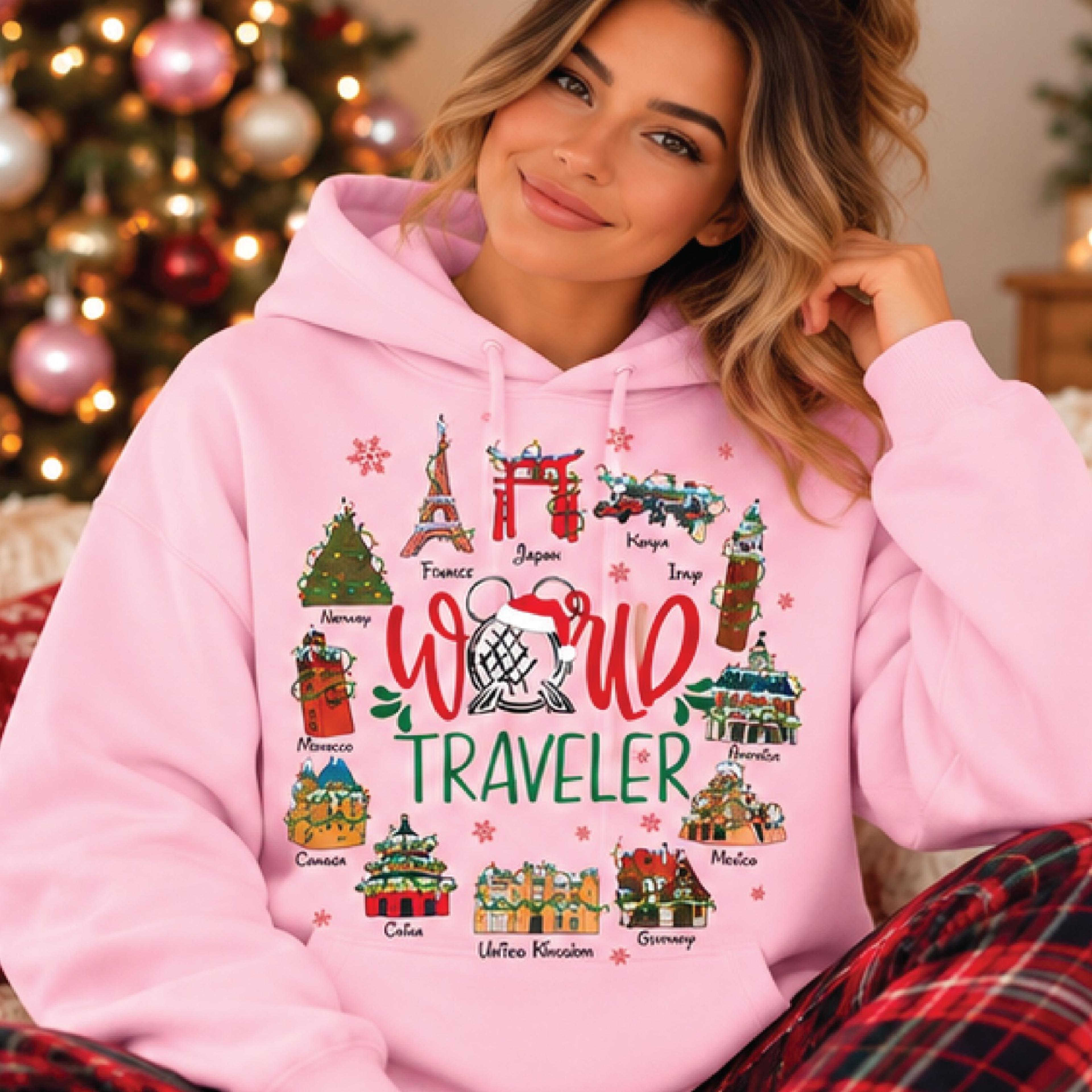 world traveler christmas hoodie, holiday travel lover gift, festive international landmarks unisex hoodie