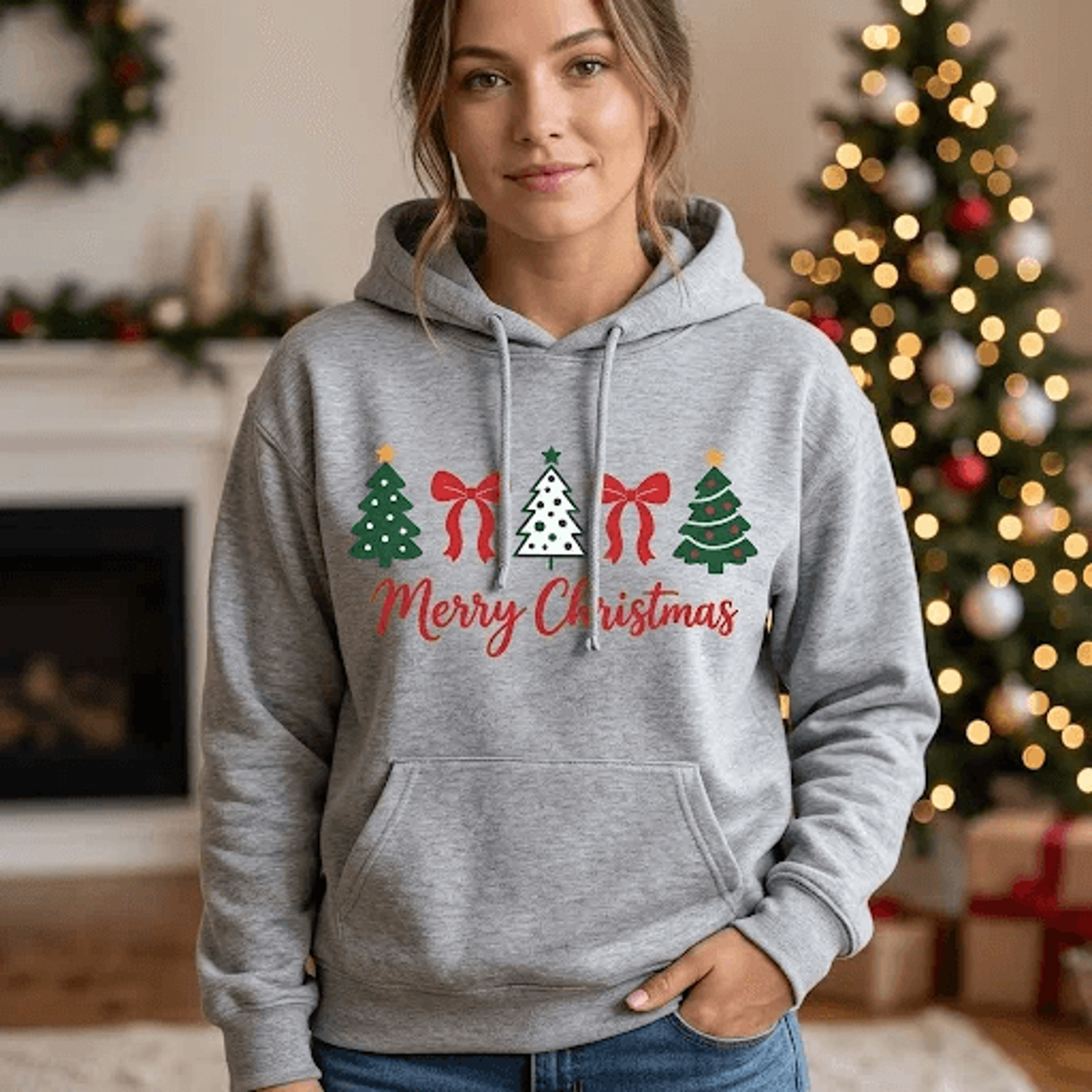 Merry Christmas Trees Hoodie Cute Holiday Bow Graphic Hoodie Festive Christmas Pullover Cozy Xmas G 1