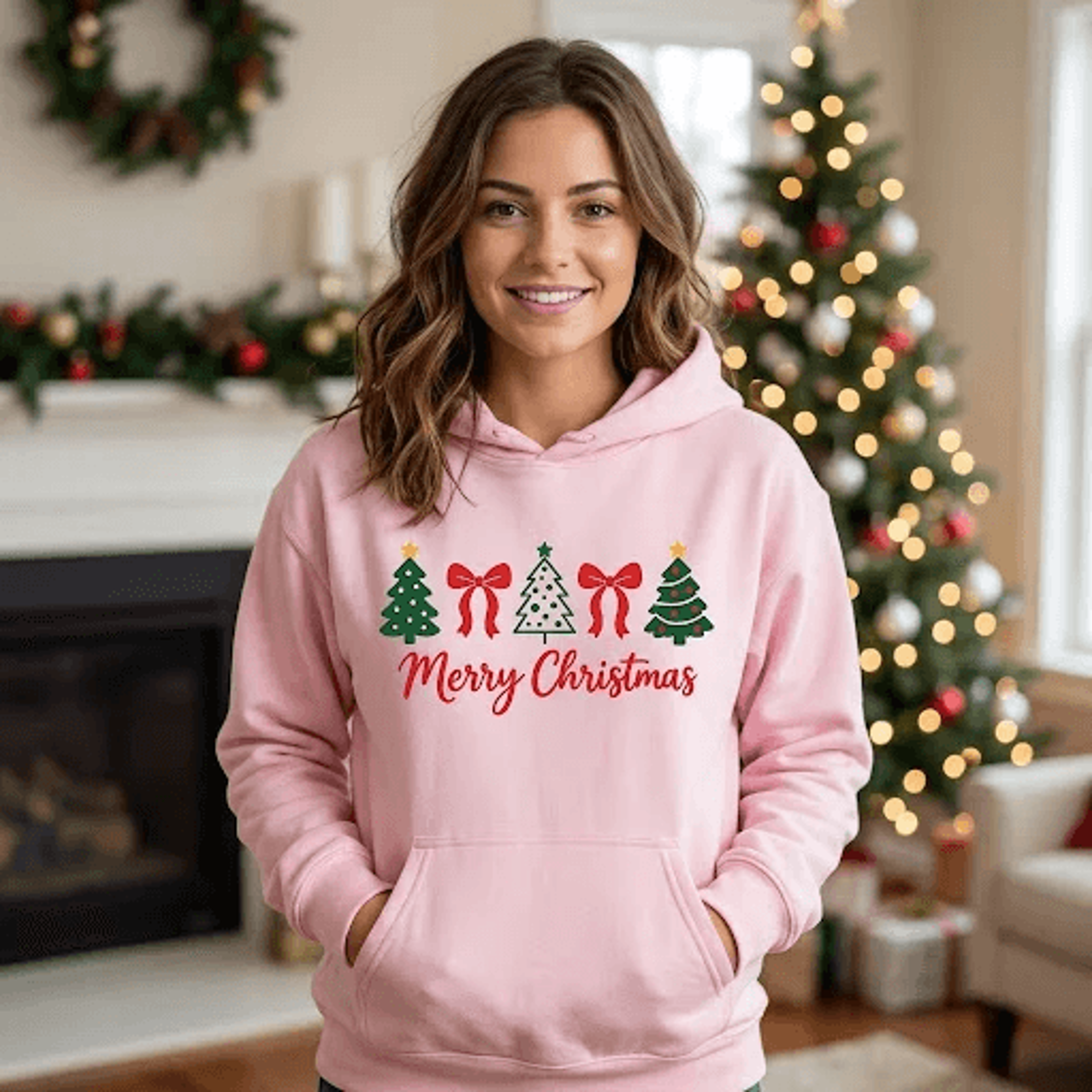 merry christmas trees hoodie, cute holiday bow graphic hoodie, festive christmas pullover, cozy xmas gift for women