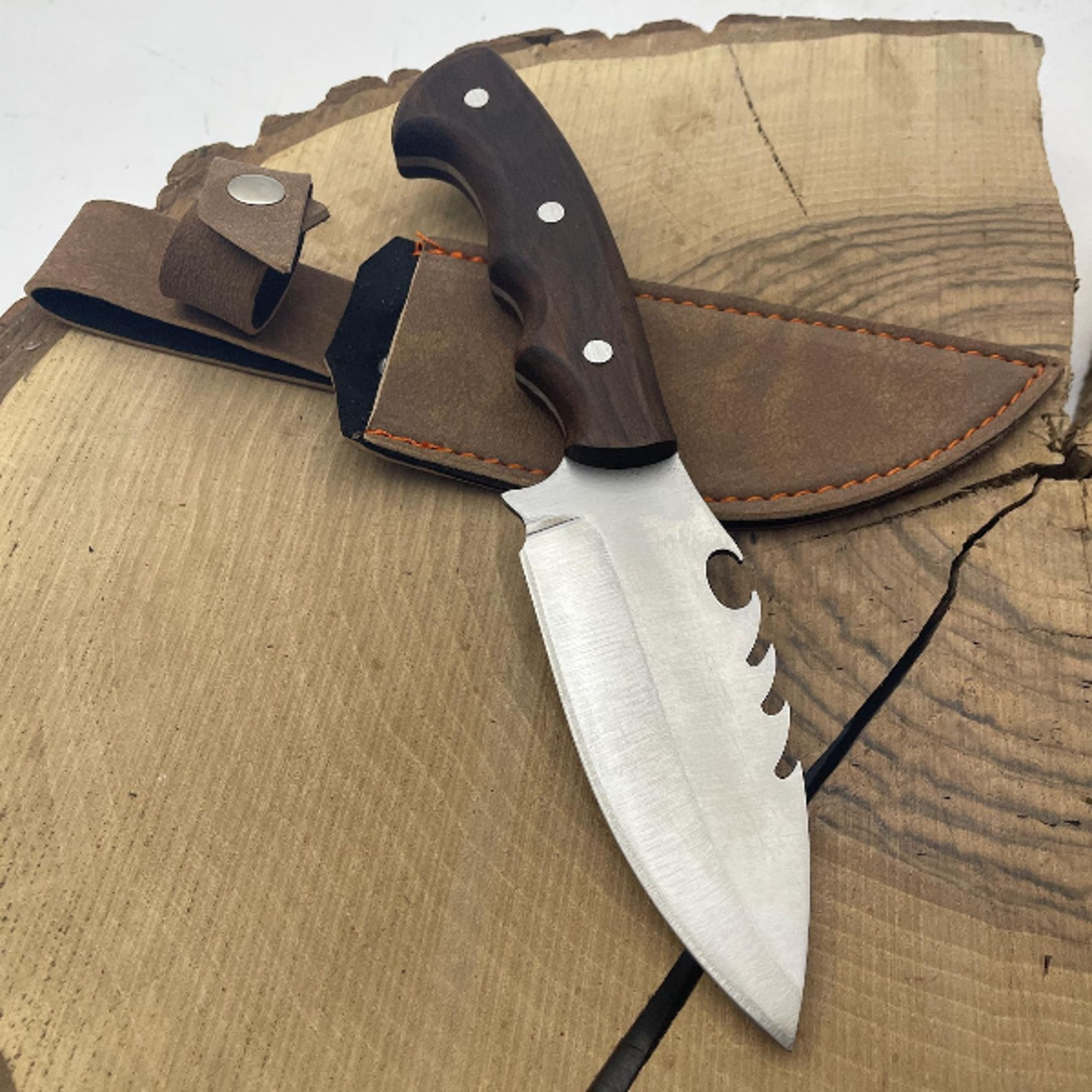 handmade engraved hunting knife with walnut handle and bushcraft knife features - 4034 stainless steel blade