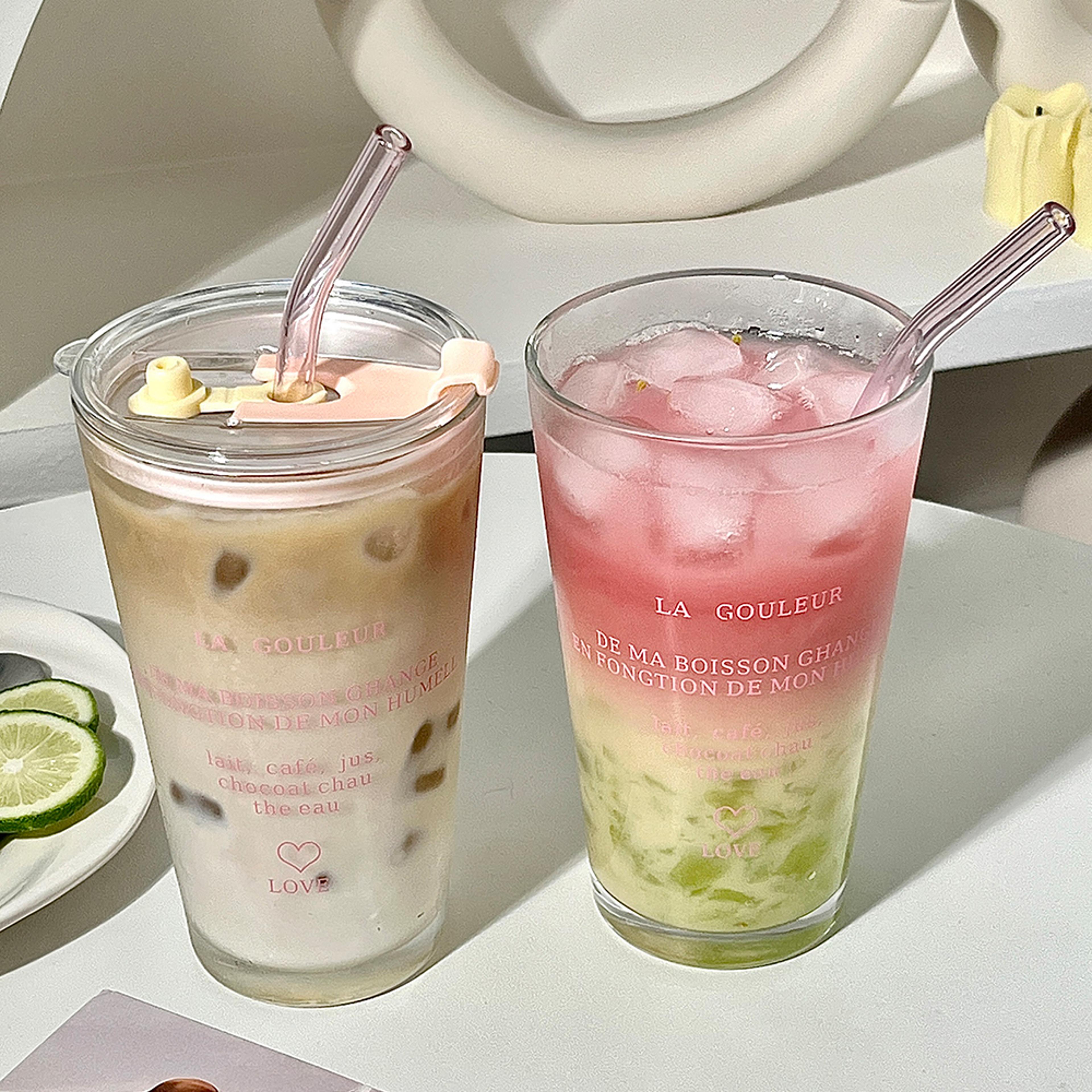 Cute Glass Tumbler With Straw And Lid Transparent Bubble Tea Cup Iced Coffee Juice Tea Glass Letter 5
