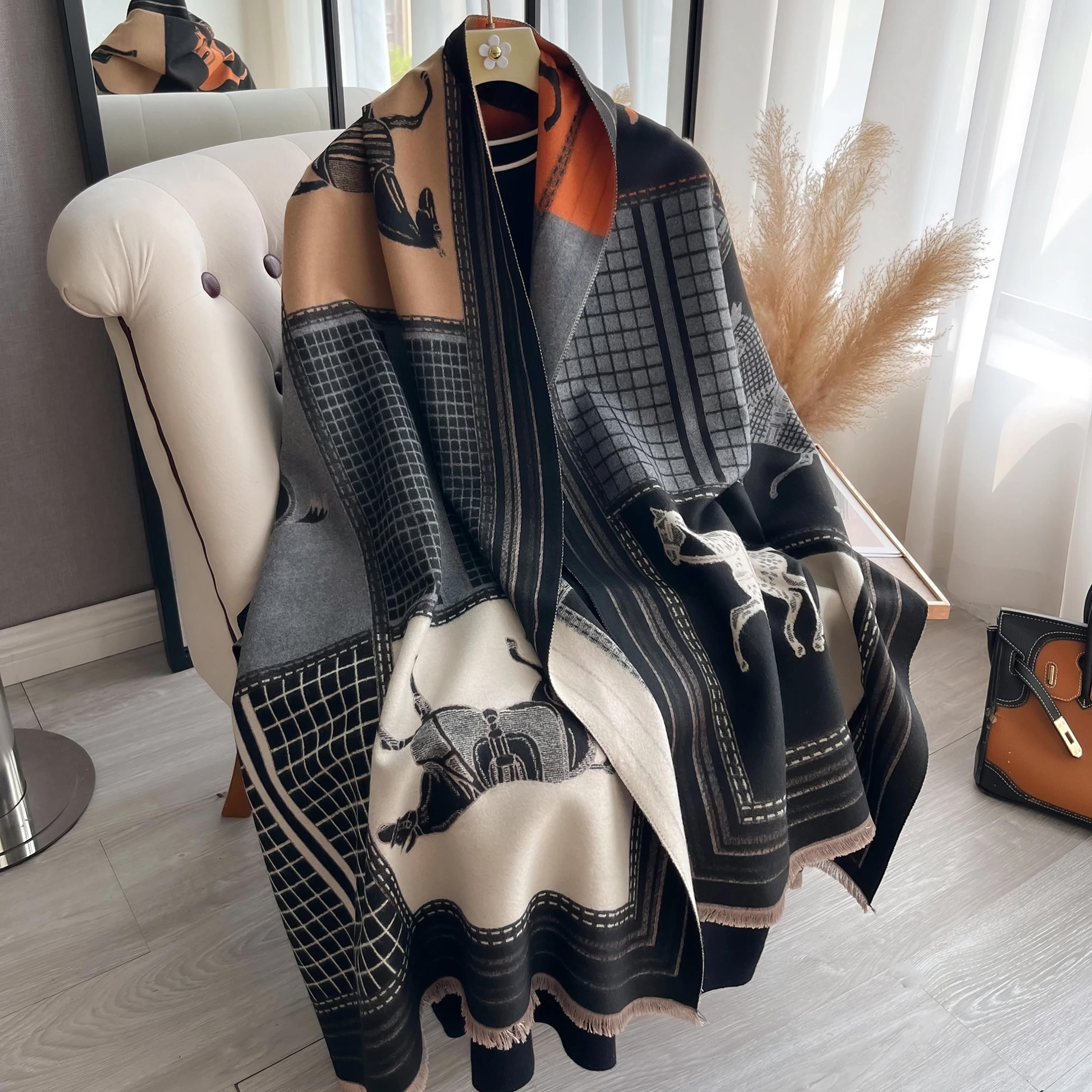 warm cashmere scarf for women horse print luxury pashmina shawl poncho blanket wrap thick foulard